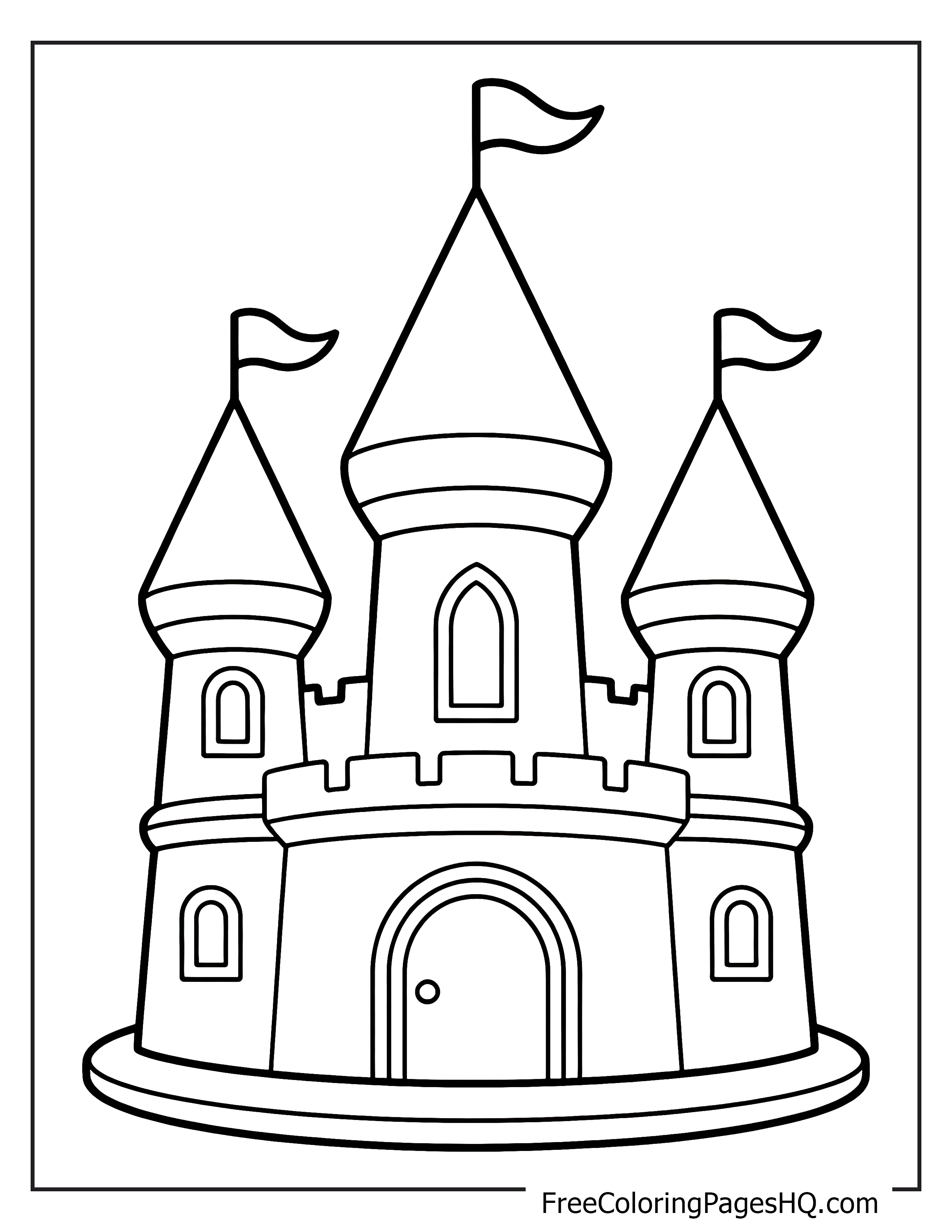 A castle with three towers and flags on top.