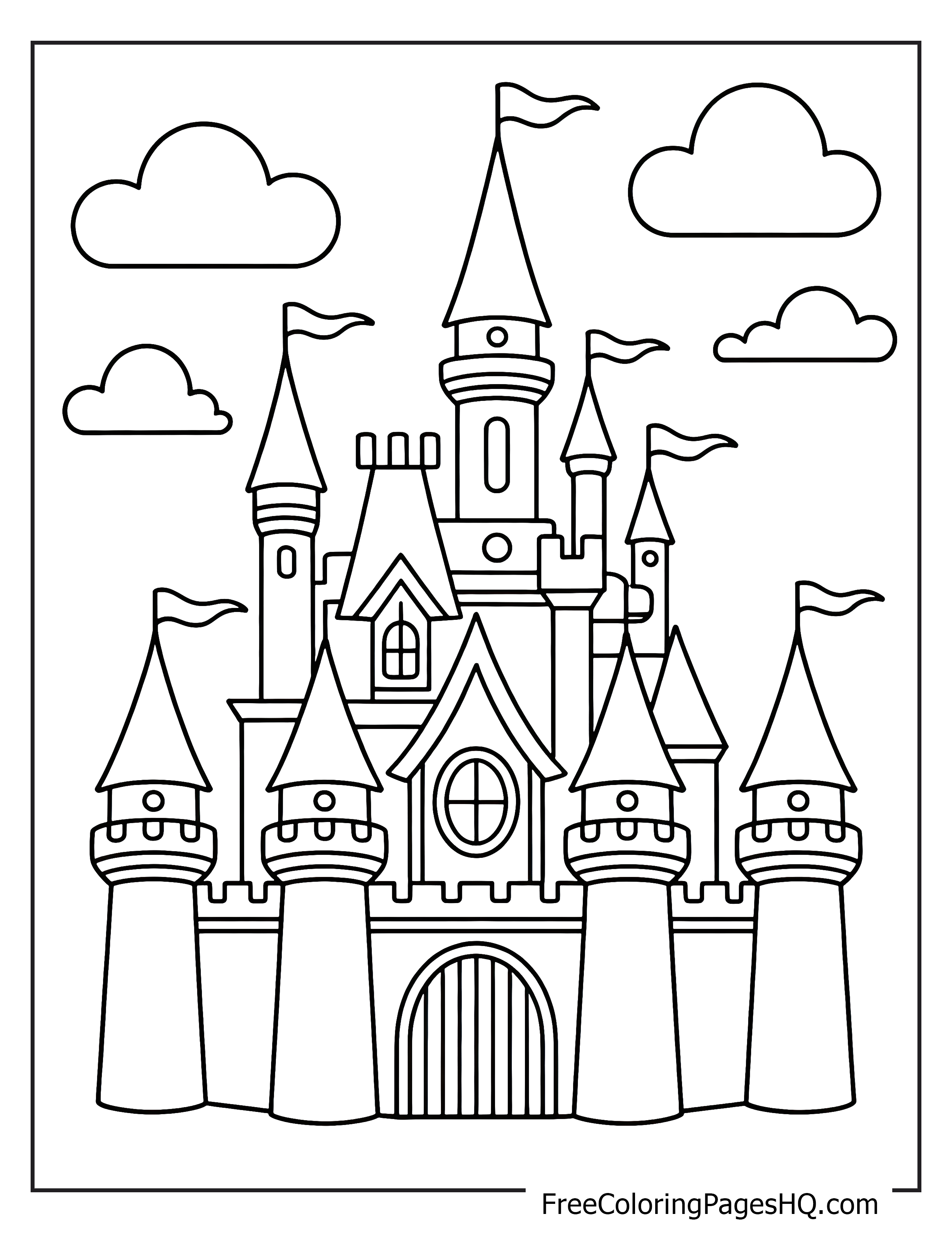 A majestic castle with multiple spires and flags, set against a sky with clouds.