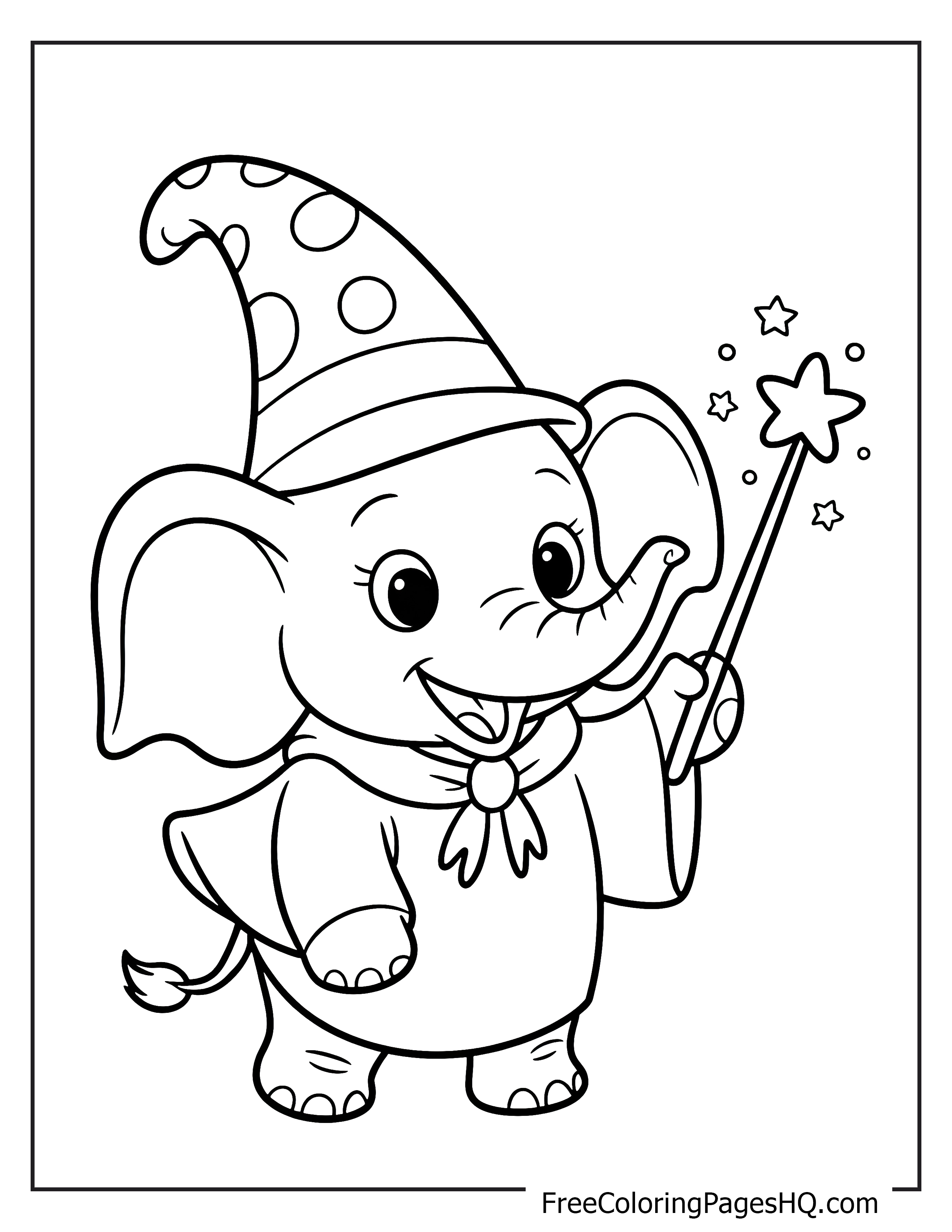 Cute elephant dressed as a wizard with a magic wand.