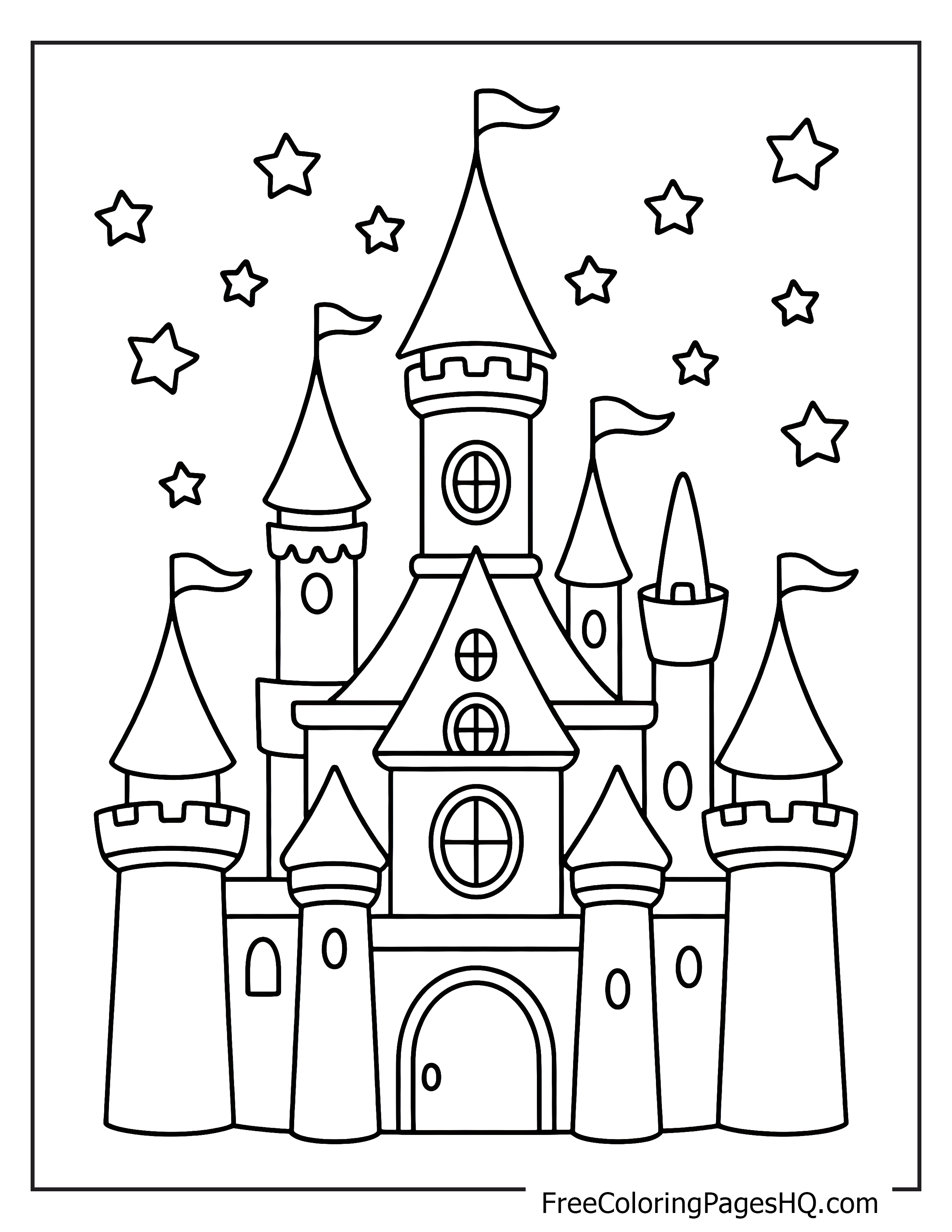 A fairy tale castle with tall towers and flags under a starry night sky.