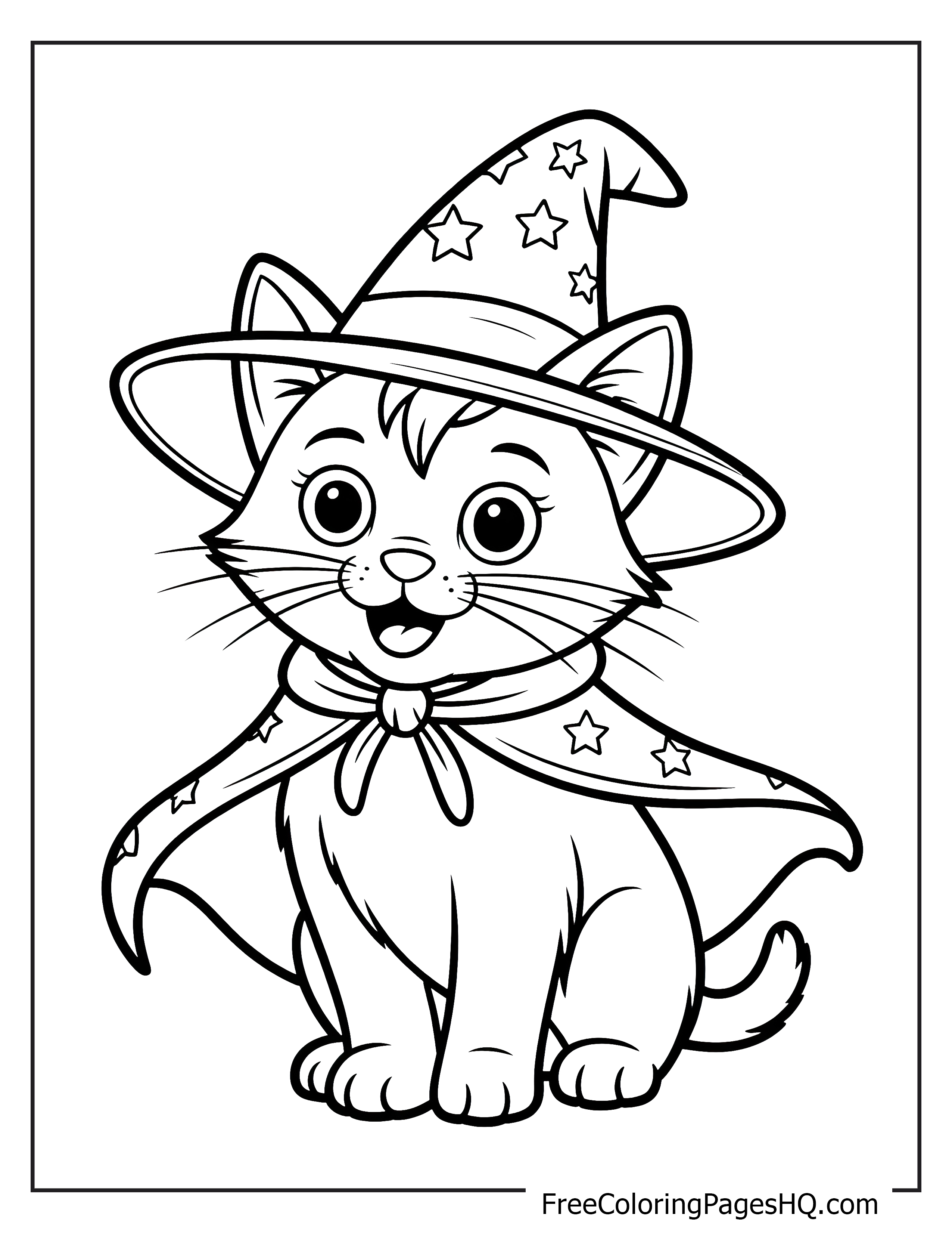 Adorable kitten dressed as a wizard with a starry hat and cape.