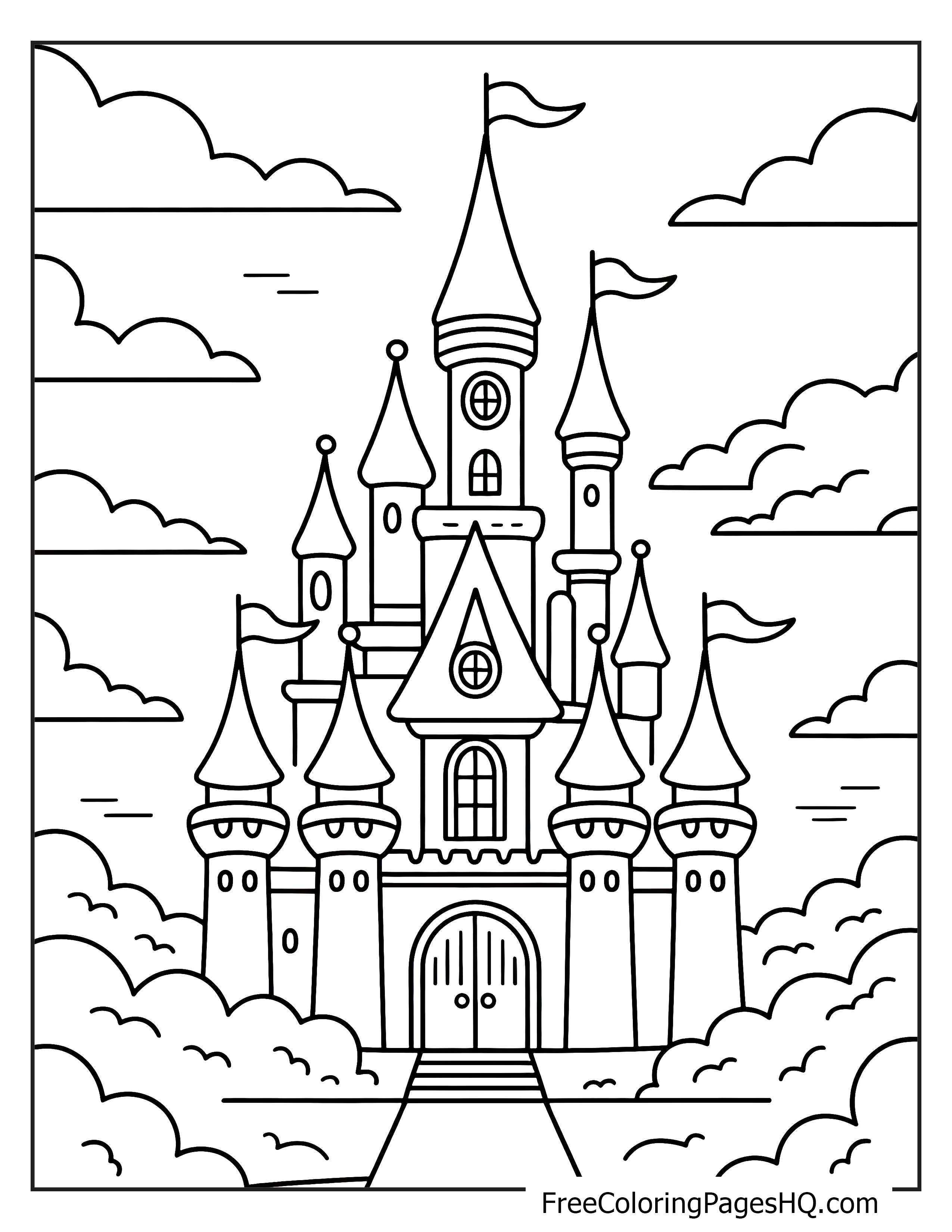 Castle with tall spires surrounded by clouds, set against an open sky.