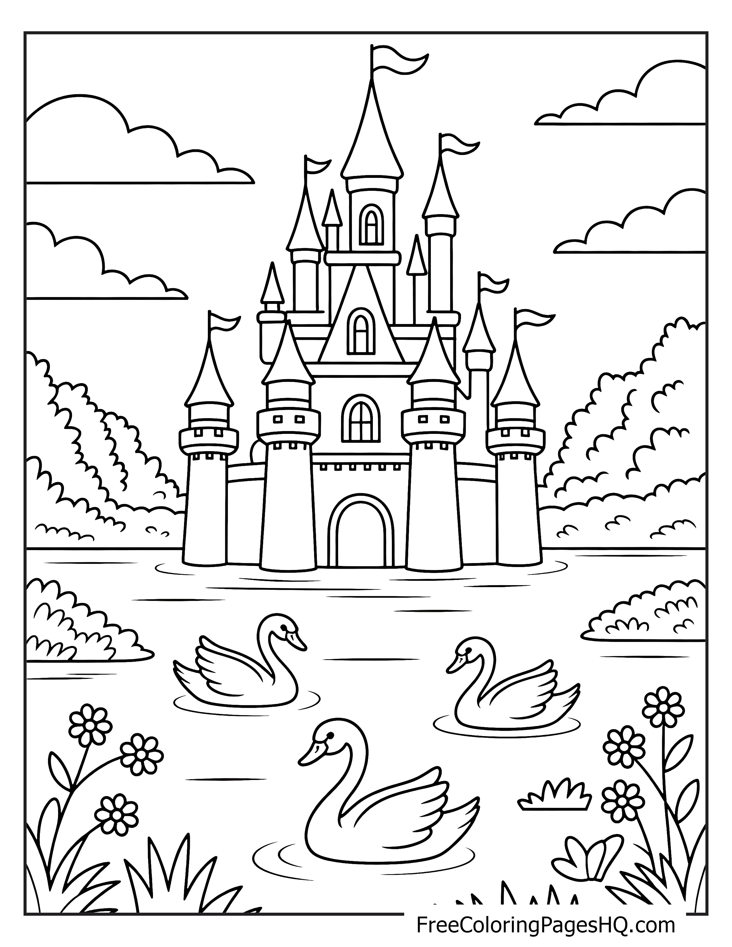 A large castle overlooks a pond with swans and surrounding greenery.