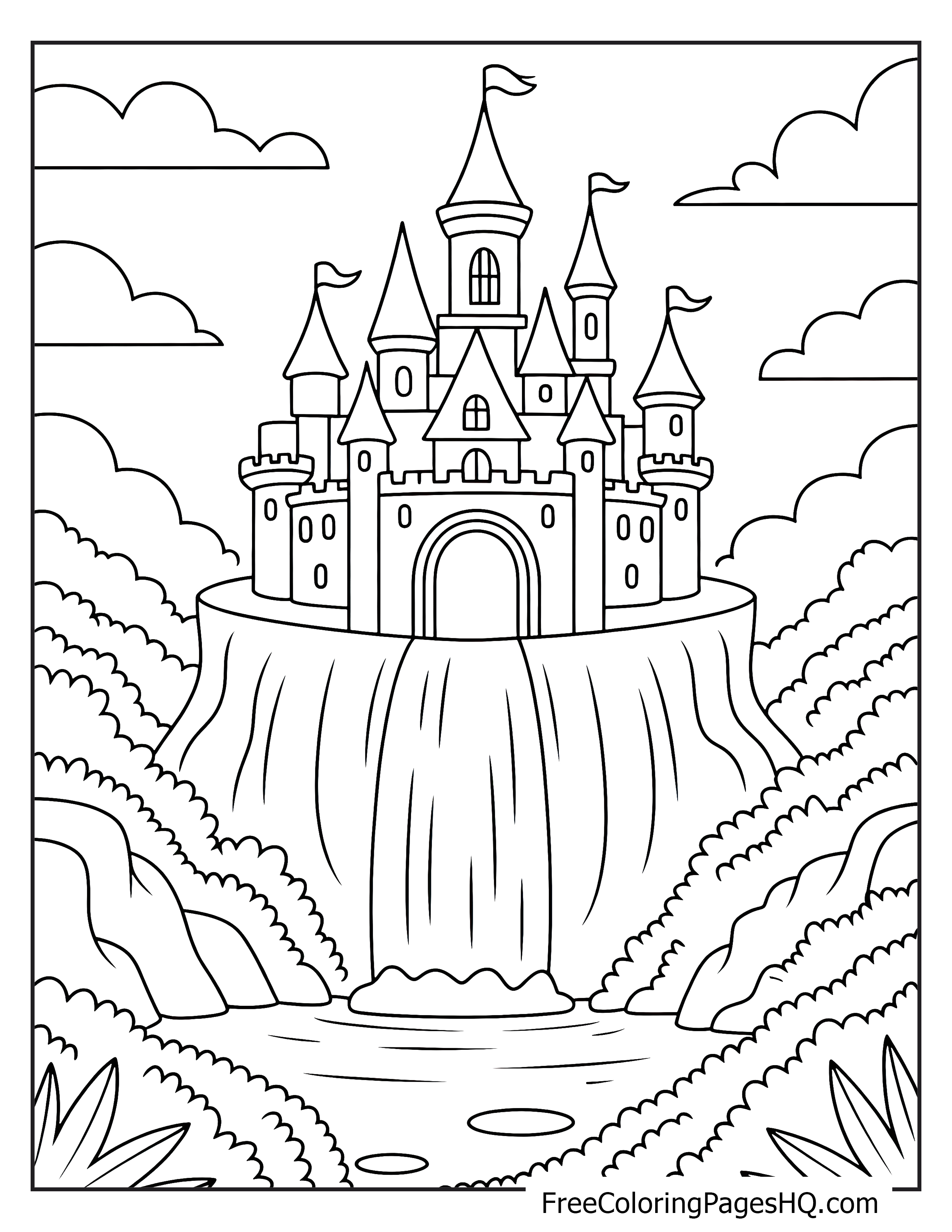 A castle sits on a cliff with a waterfall, surrounded by clouds and foliage.