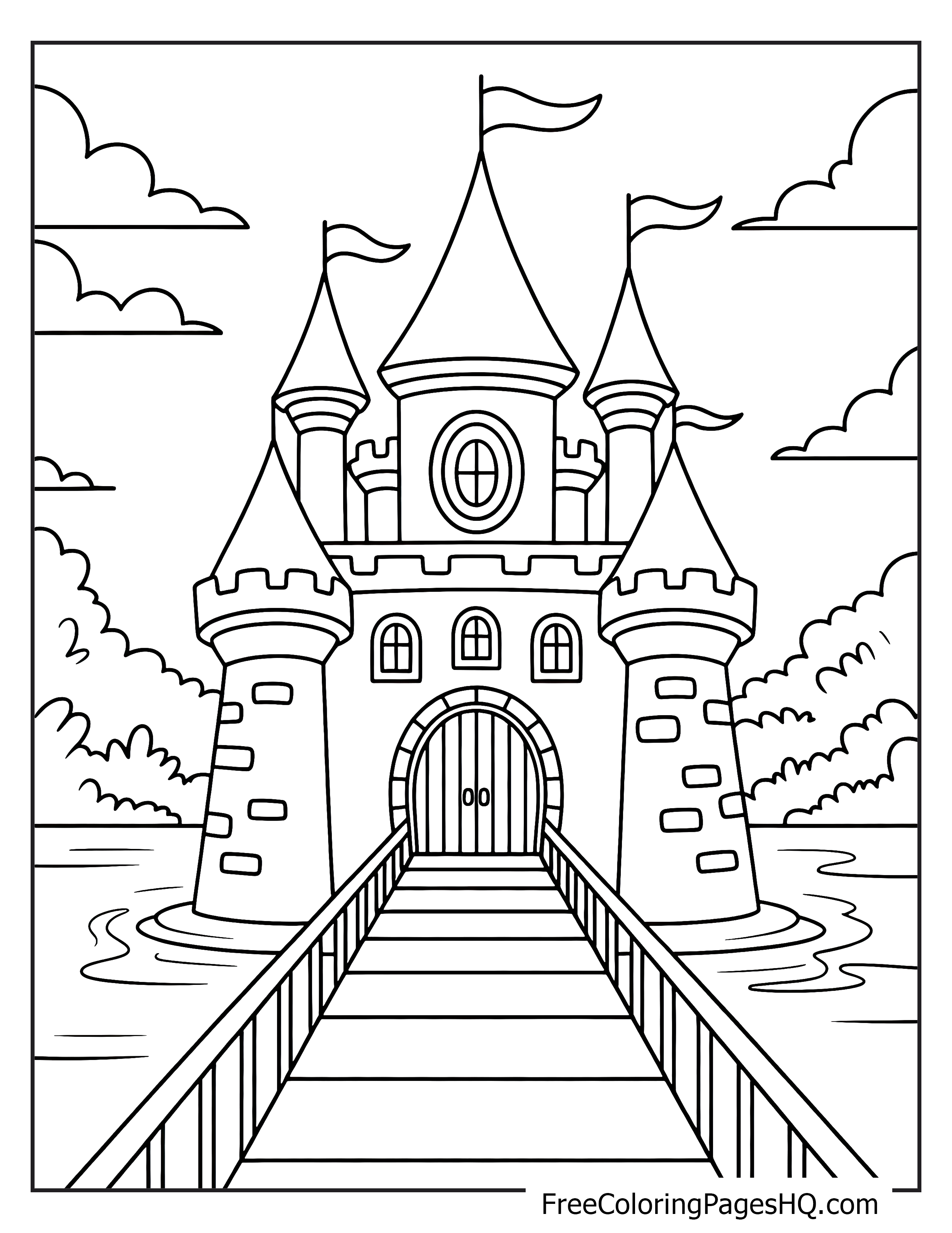 A majestic castle with towers and flags, set by a lake.