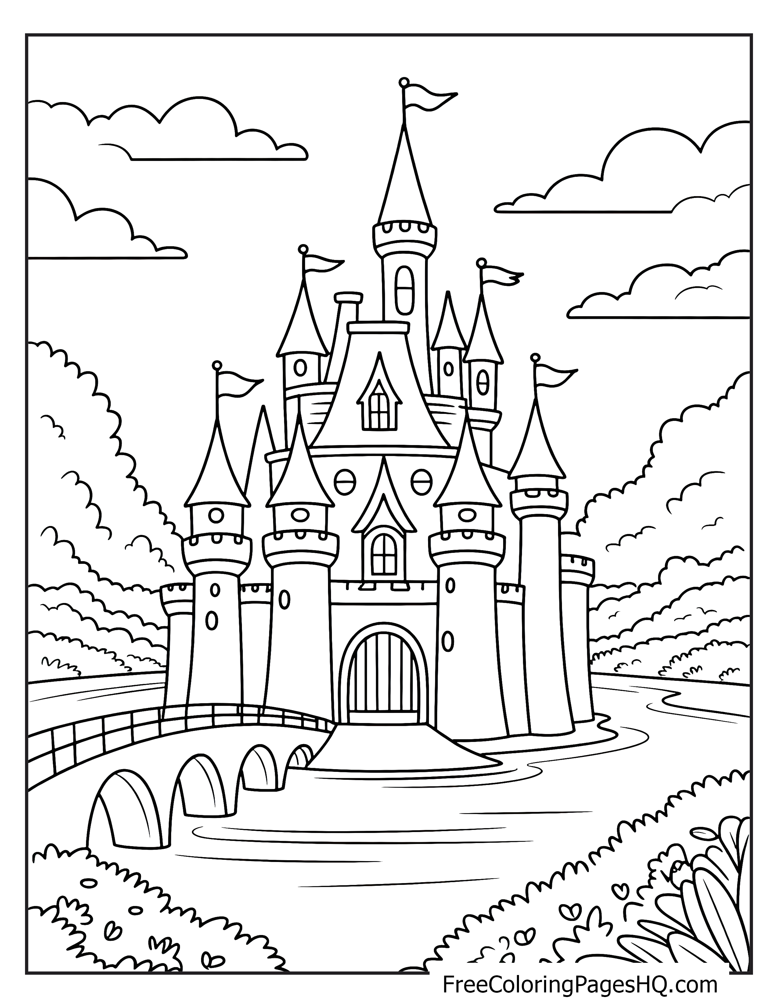 A castle with multiple towers sits by a river, surrounded by greenery and clouds.