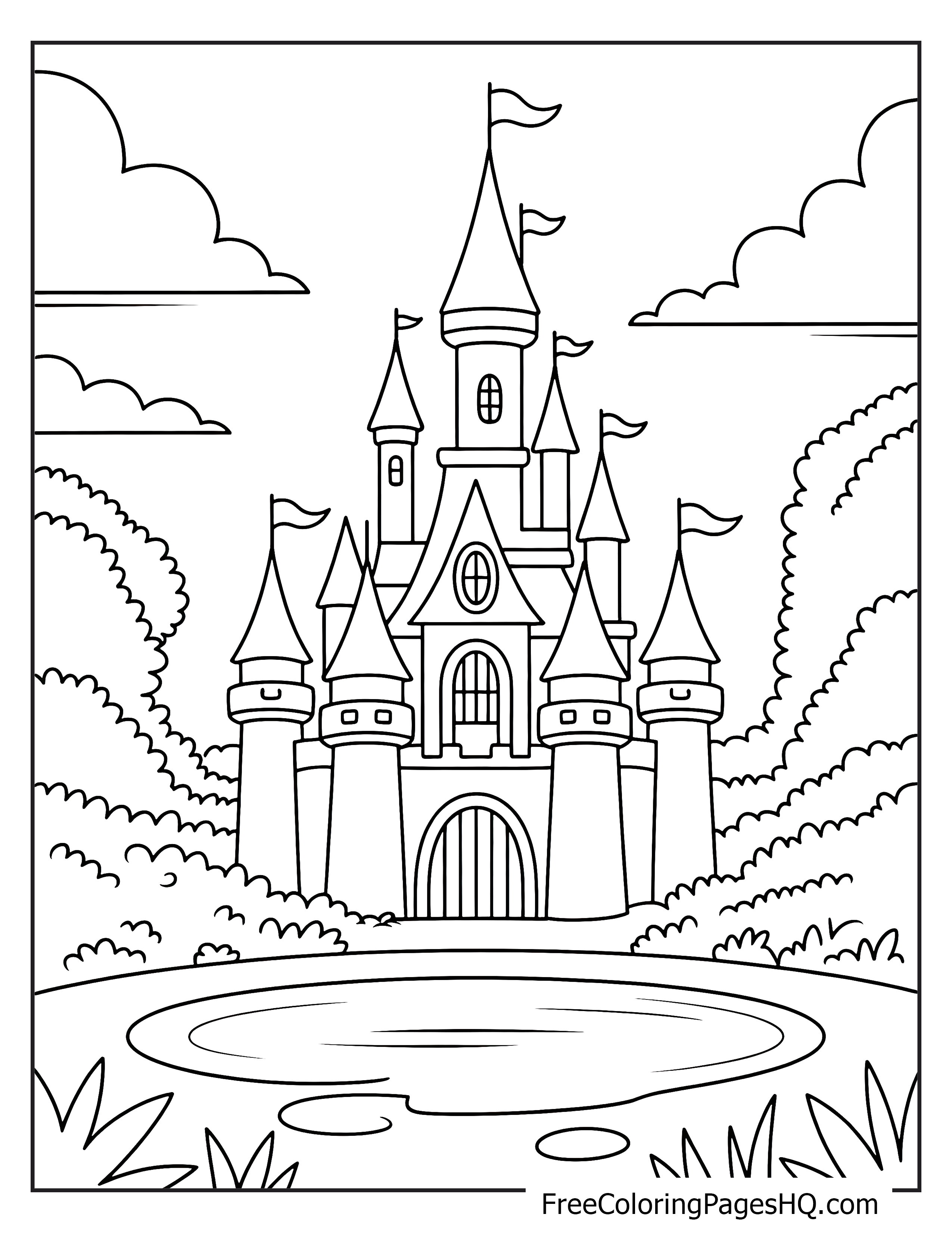 A large castle with many towers and flags, surrounded by lush gardens and a small pond.