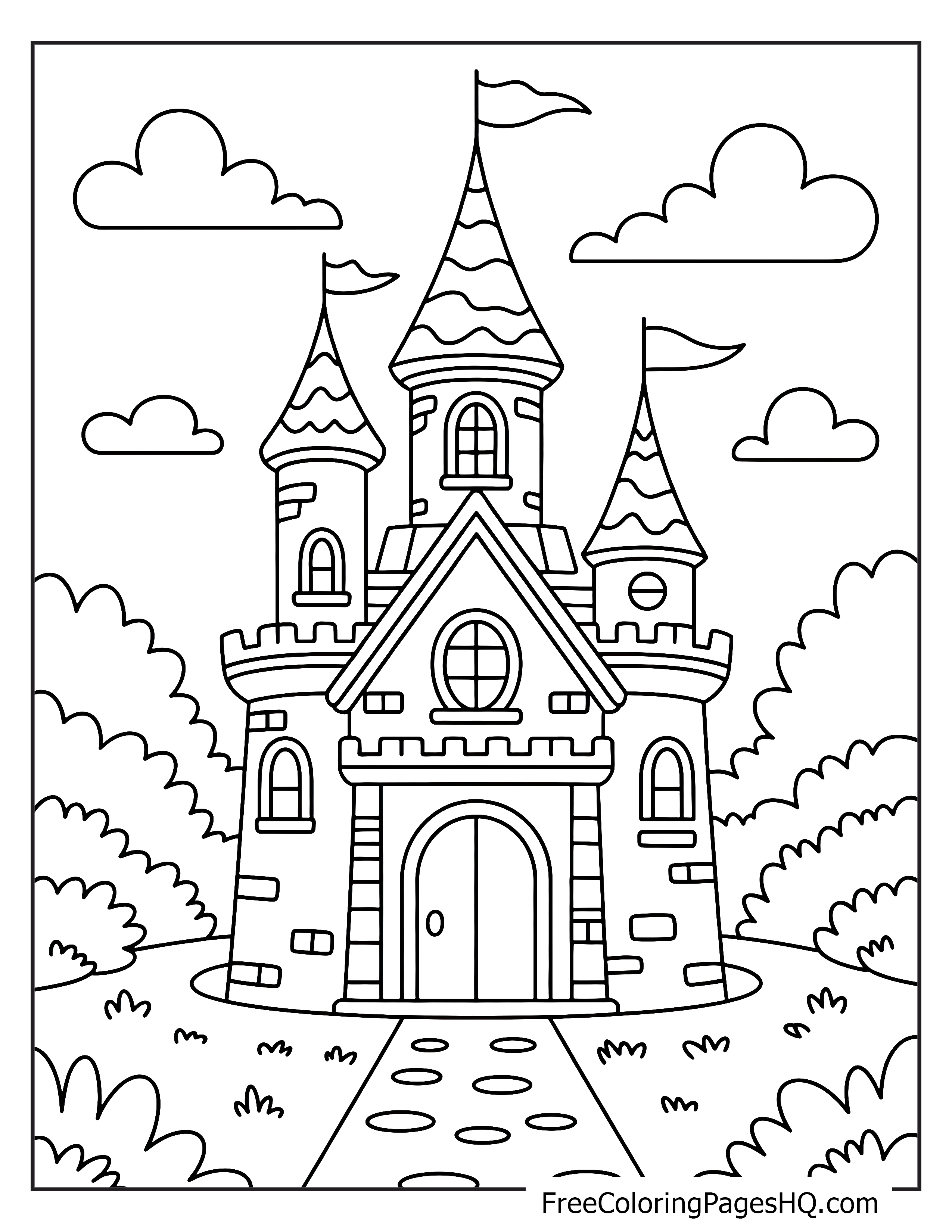 A large castle with tall turrets and flags stands in a forest setting under a cloudy sky.