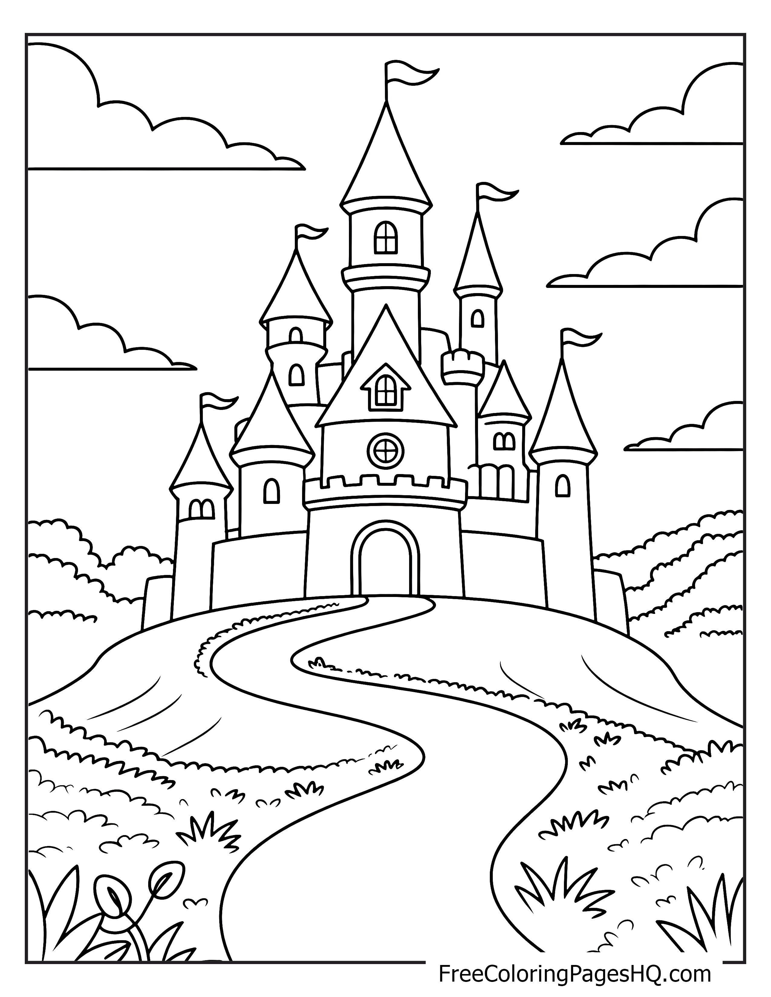 A large, detailed castle sits on a hill with clouds and plants around it.