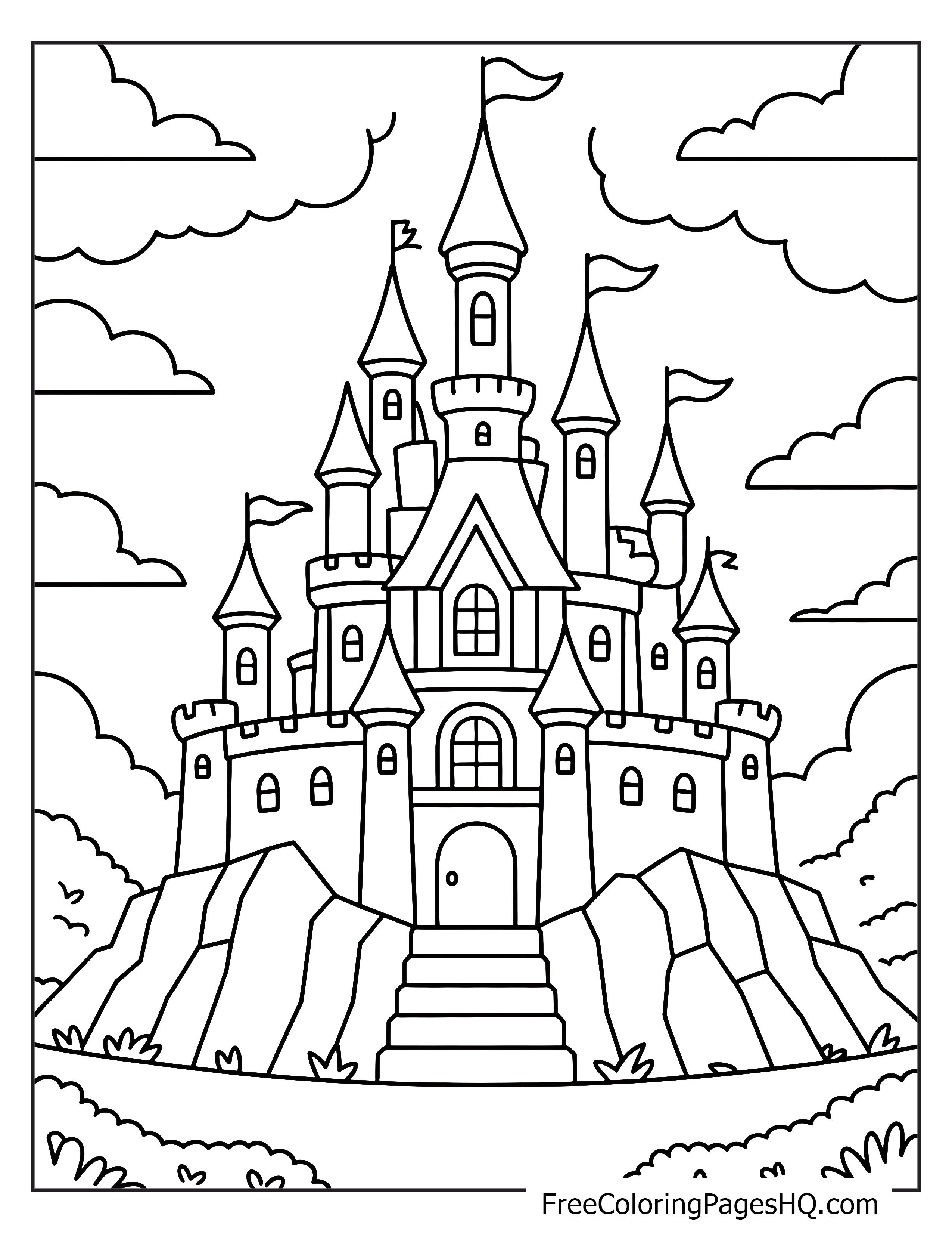 A grand castle with many towers on a hill surrounded by clouds.