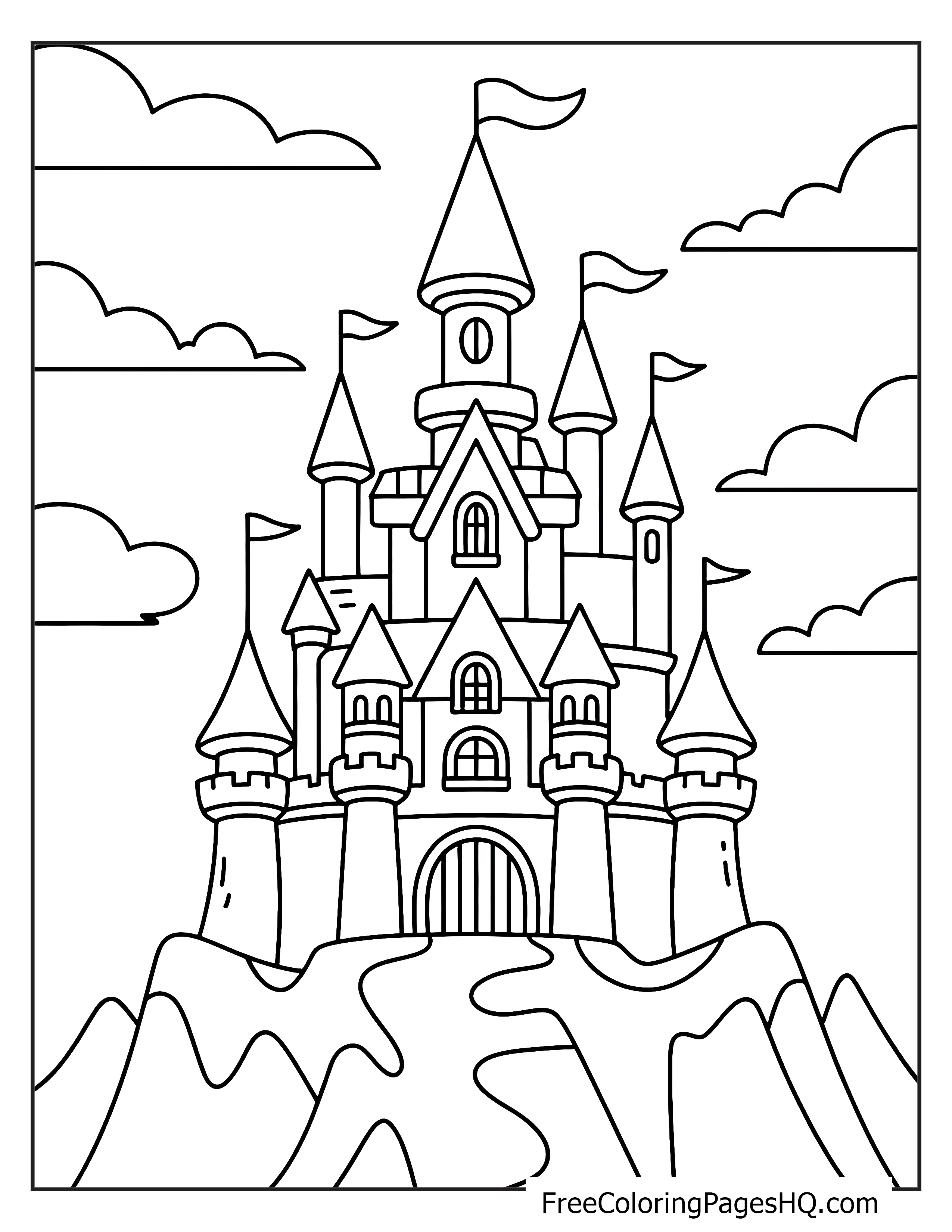 A majestic castle with multiple towers on a hill with clouds in the sky.