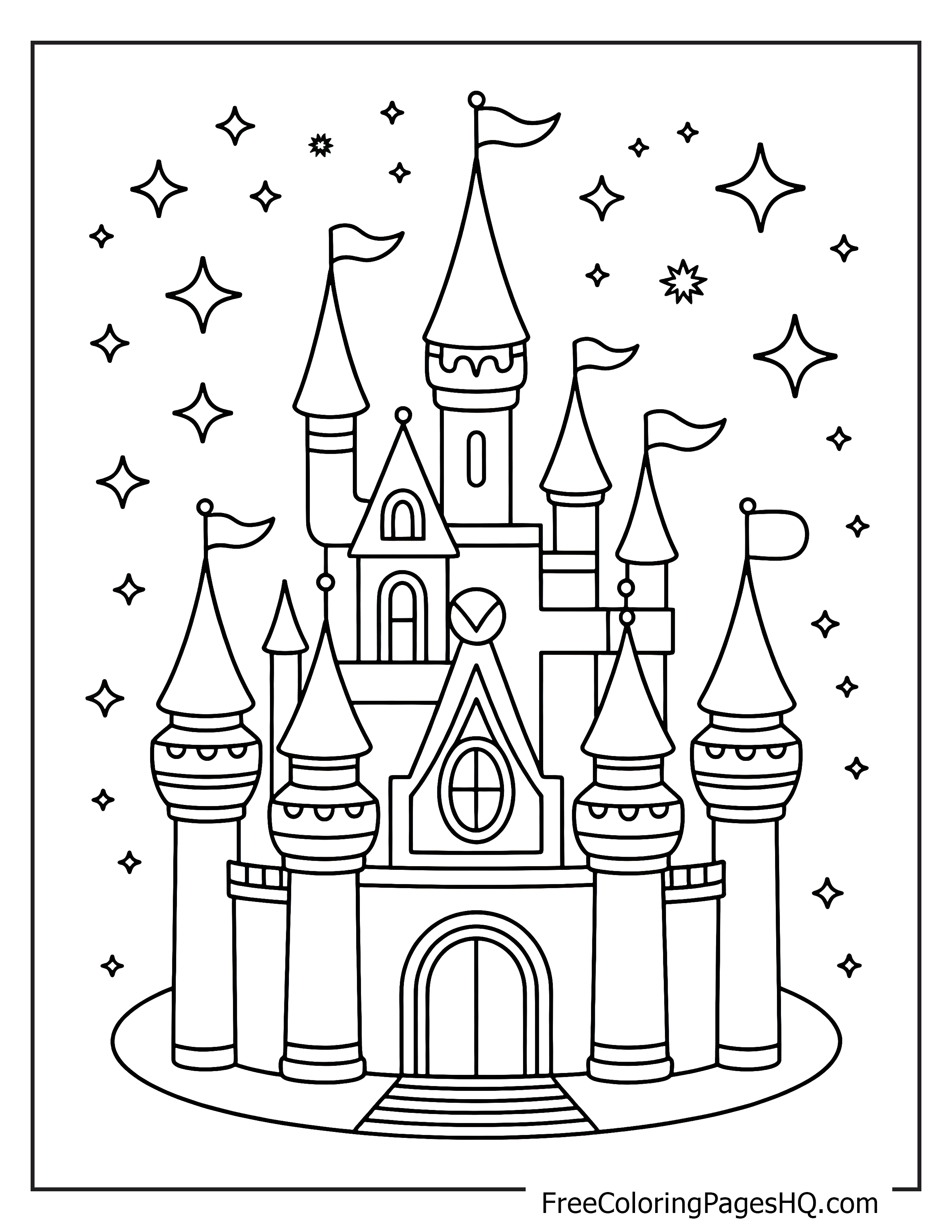 A large castle with elegant towers and flags, set against a night sky filled with stars.