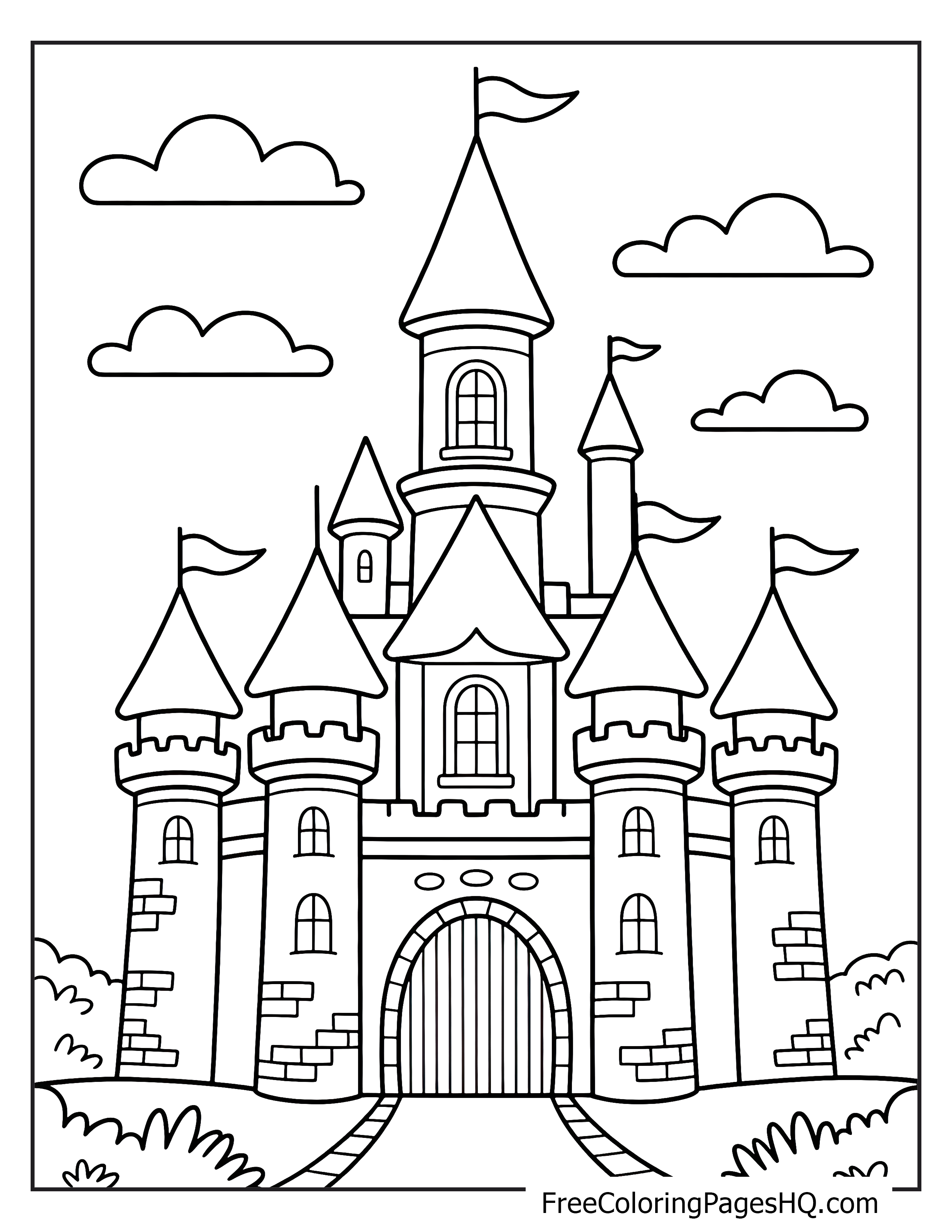 A large castle with towers and flags beneath a cloudy sky.