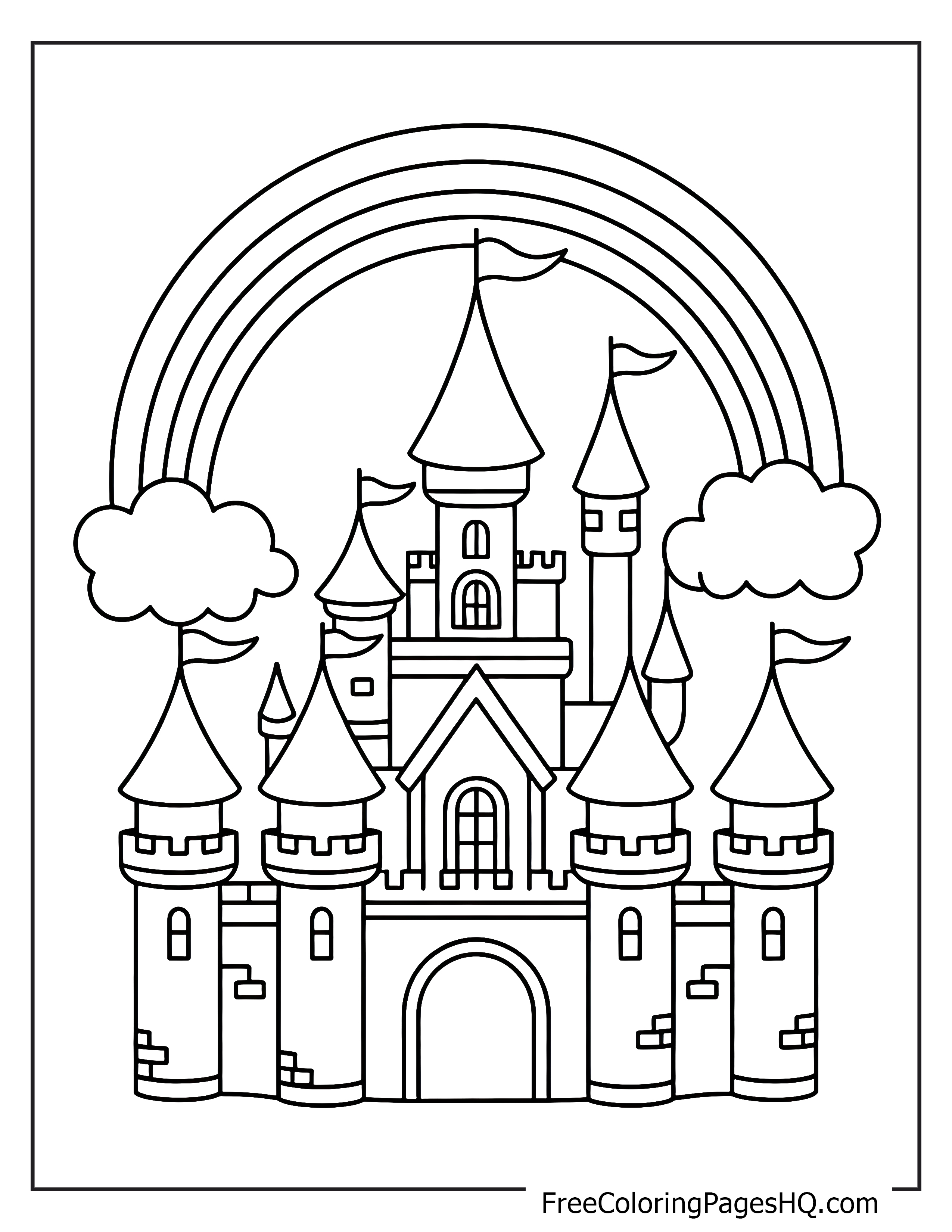 A grand castle with tall towers and flags beneath a rainbow and clouds.
