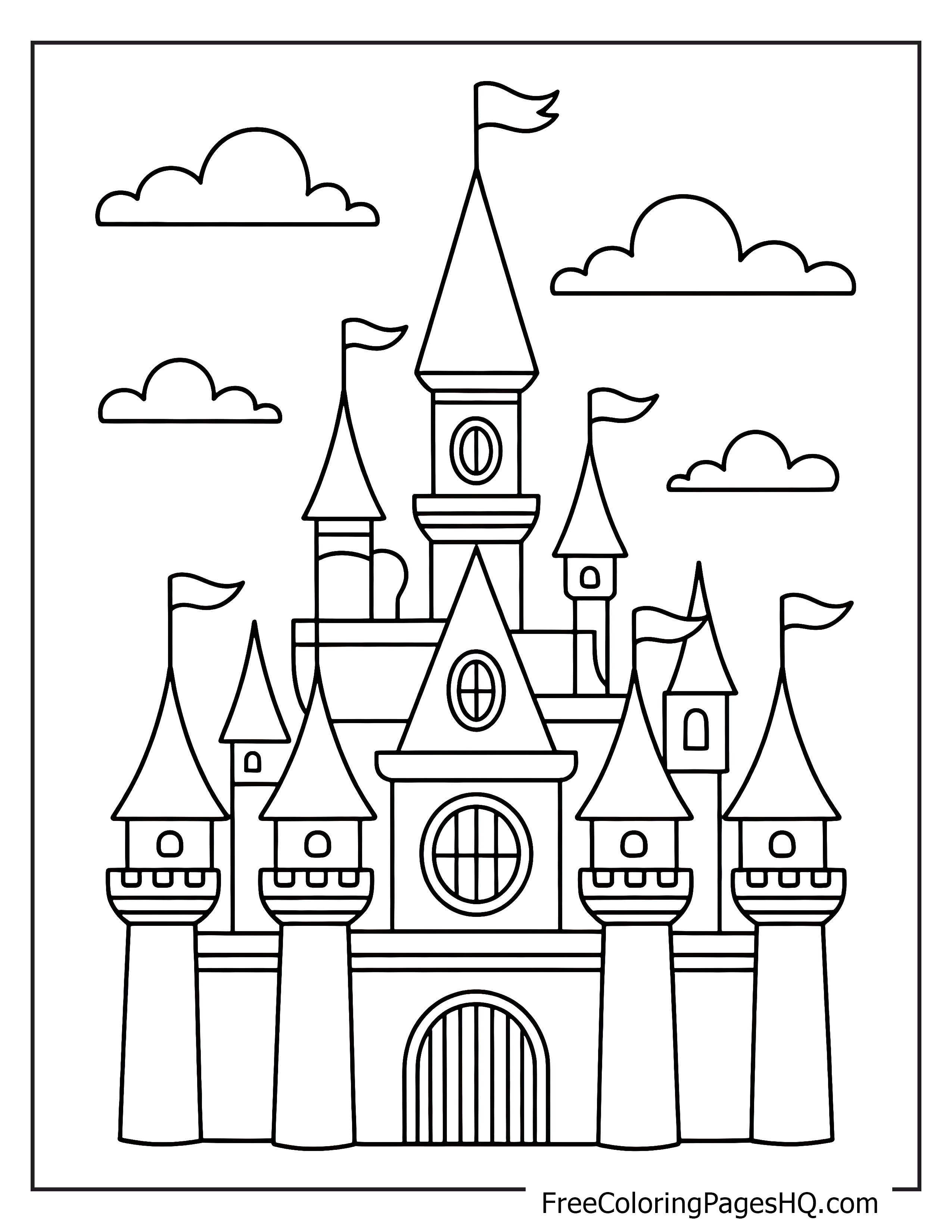 A grand castle with towers and flags, set against a backdrop of fluffy clouds.