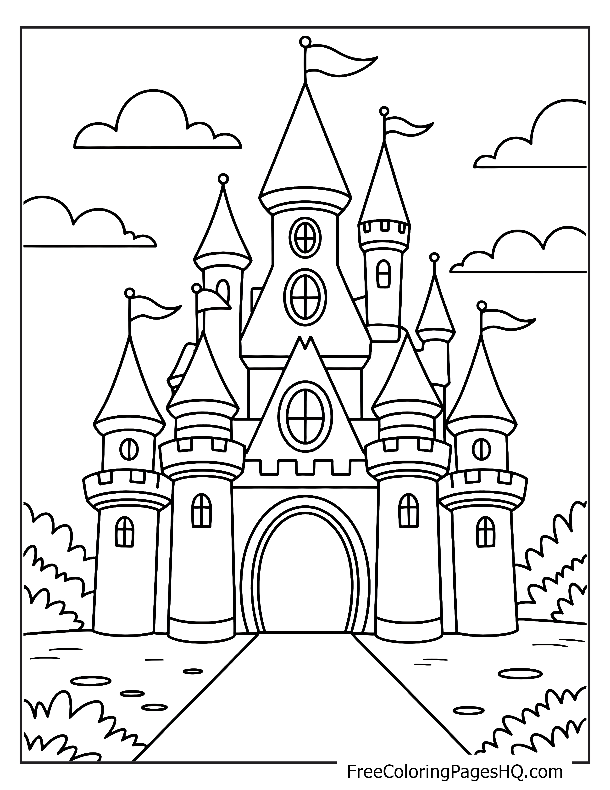 A large castle with multiple towers and flags under a cloudy sky.