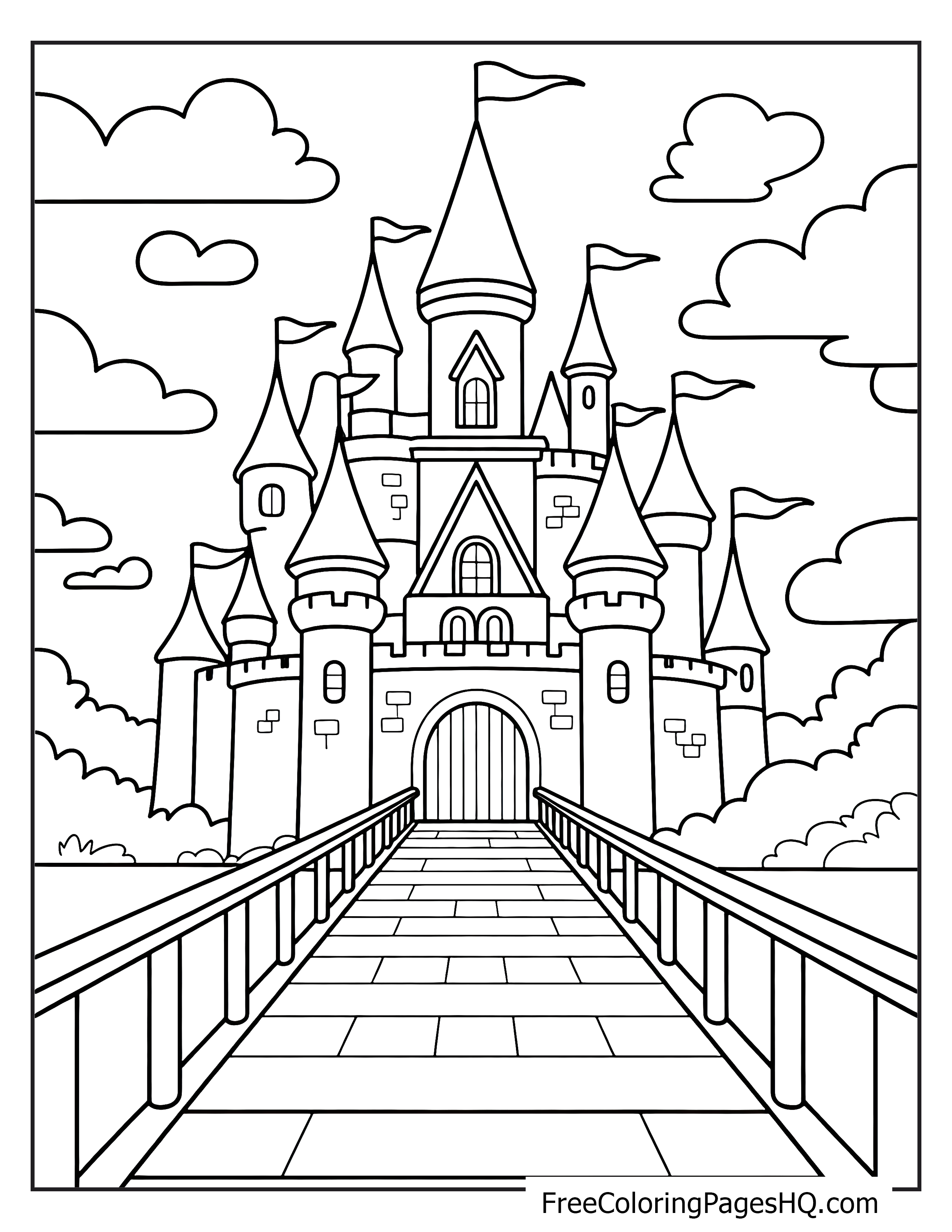 A large castle with multiple towers and flags, viewed from a stone bridge.