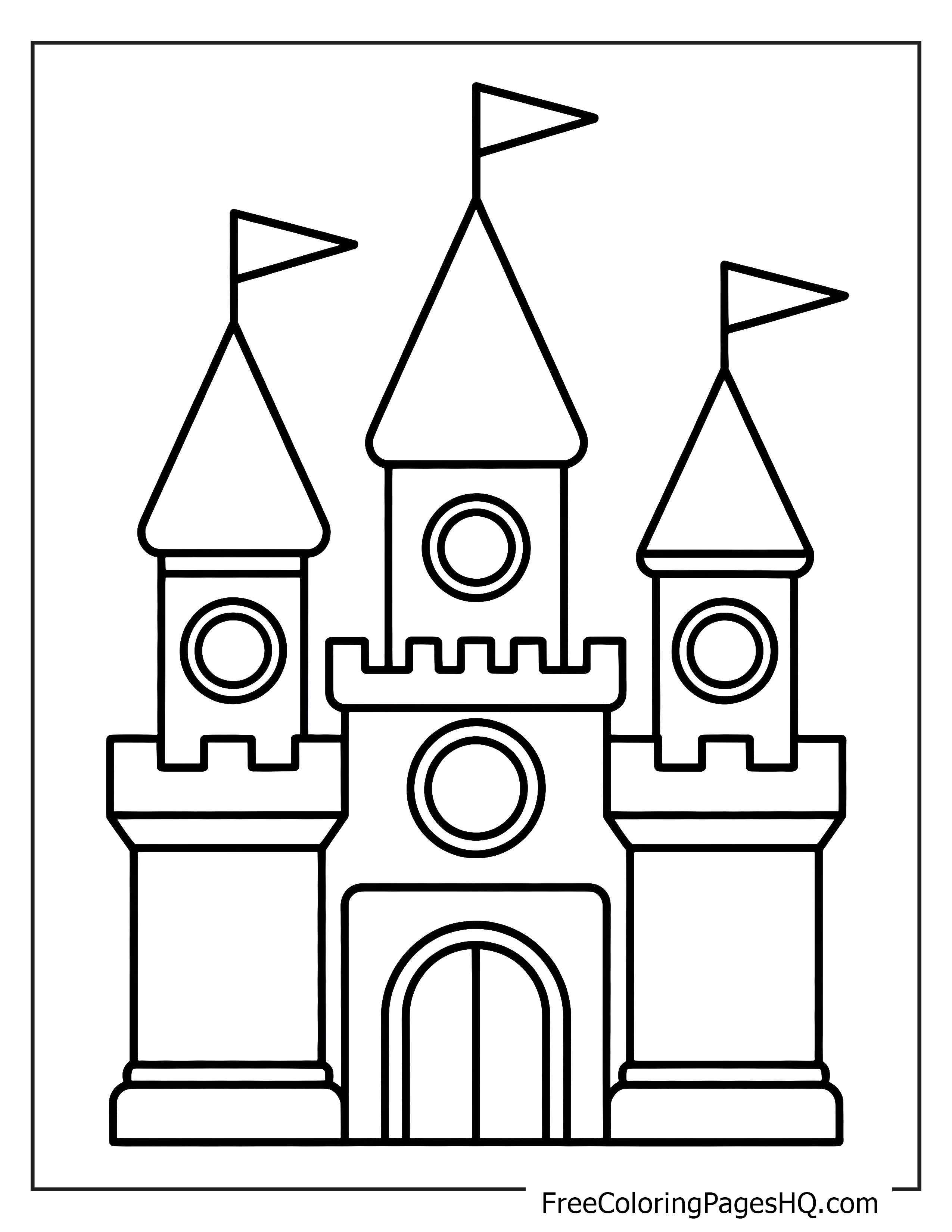 A large castle with three tall towers, each crowned with a flag.