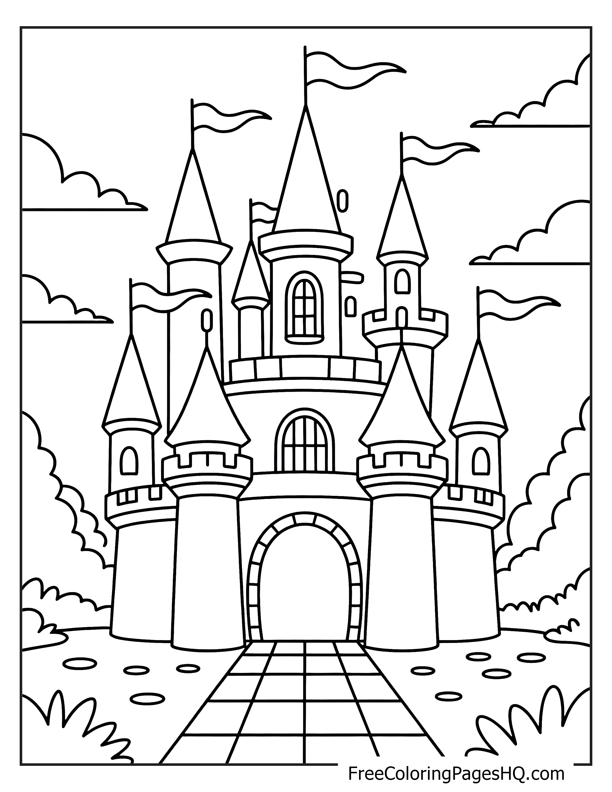 A grand castle with tall turrets and flags, surrounded by clouds and bushes.