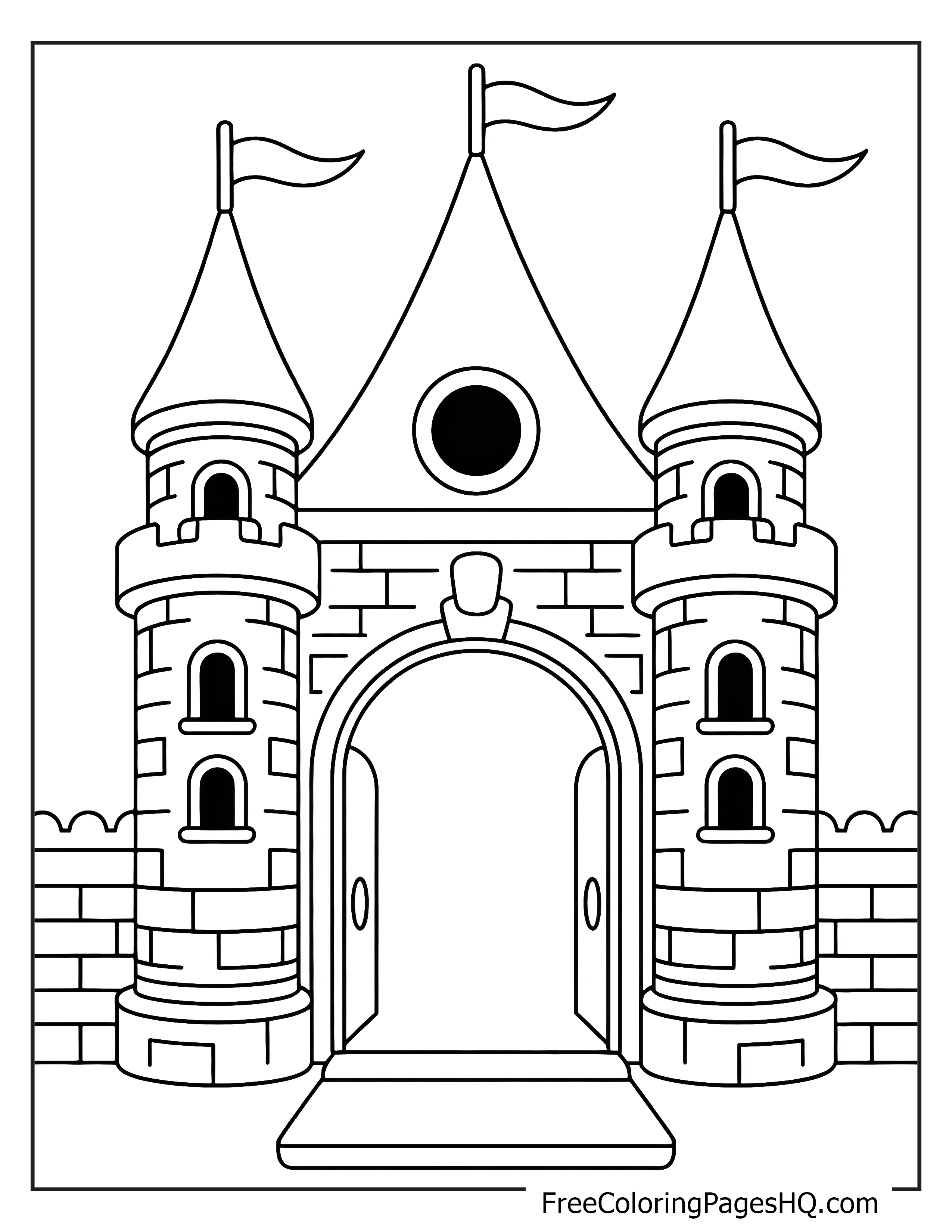 A grand castle with open gates and flags on its towers.