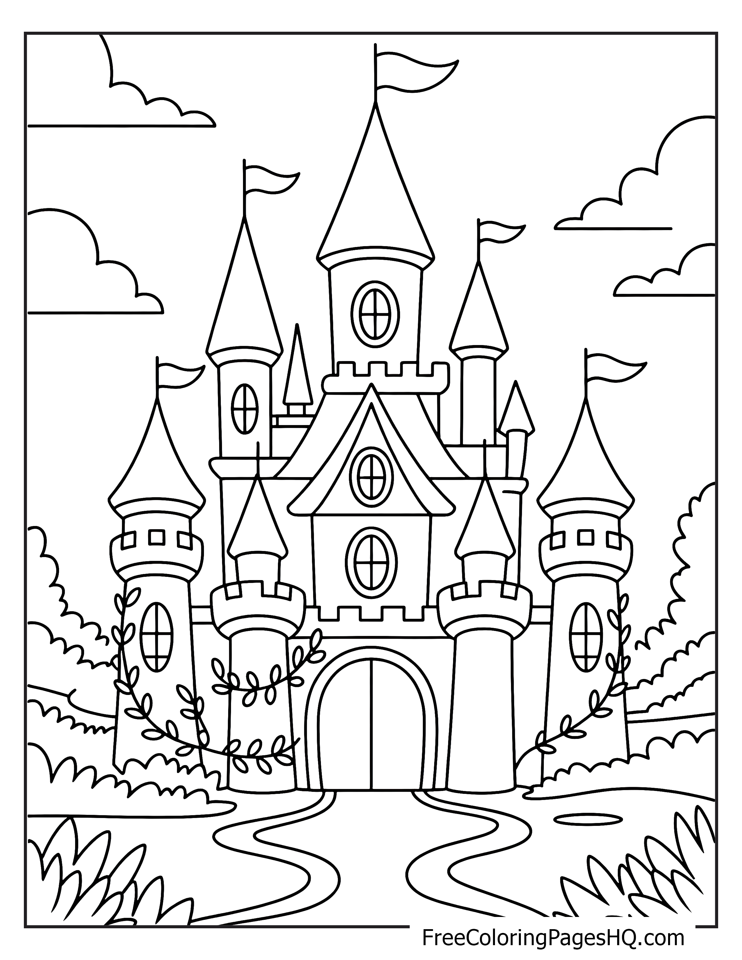 A grand castle with tall spires surrounded by bushes and a winding path under a cloudy sky.