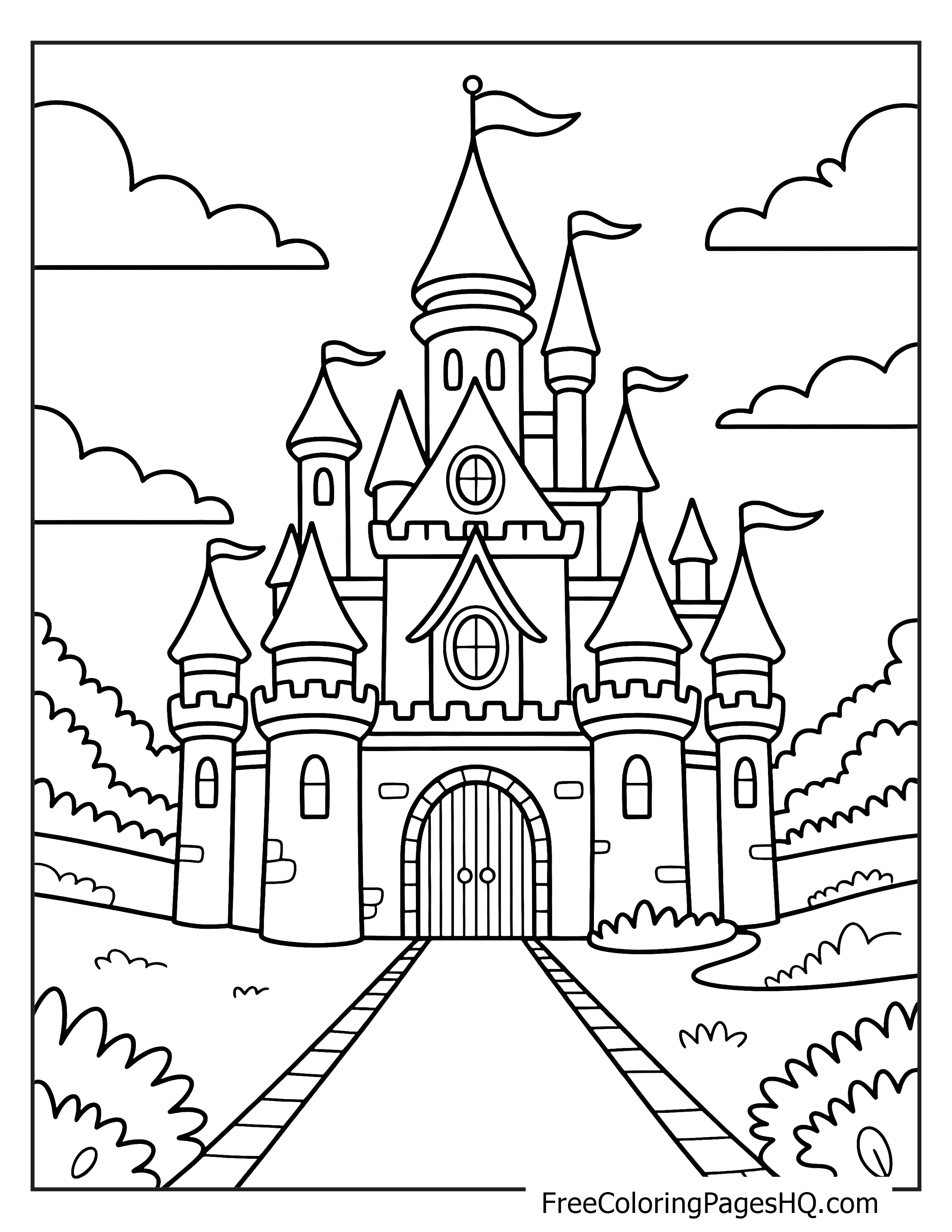 A large castle with many turrets and flags surrounded by gardens and clouds.