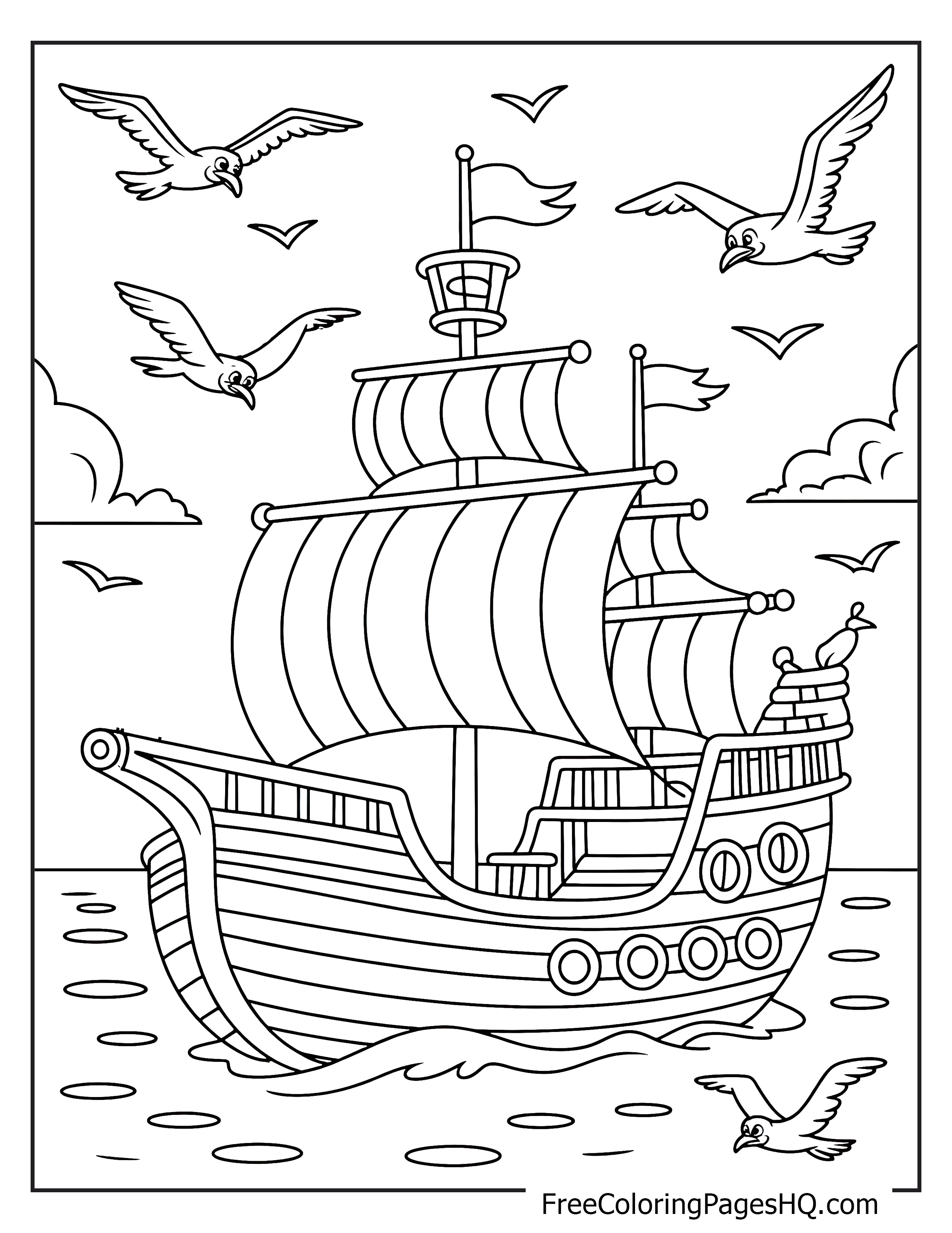 A large sailing ship on the water with seagulls flying around.