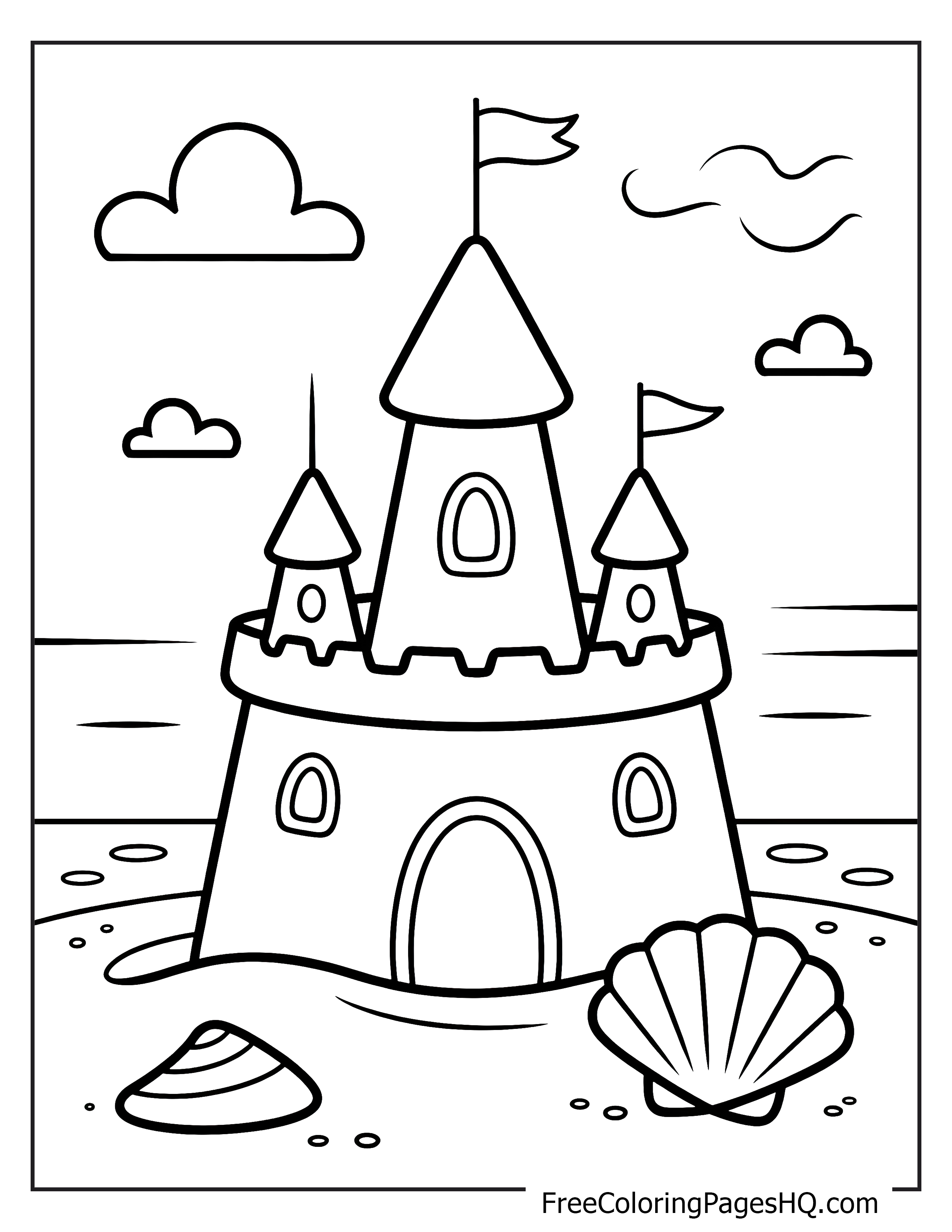 A detailed sandcastle with flags on a beach, accompanied by seashells and gentle waves.