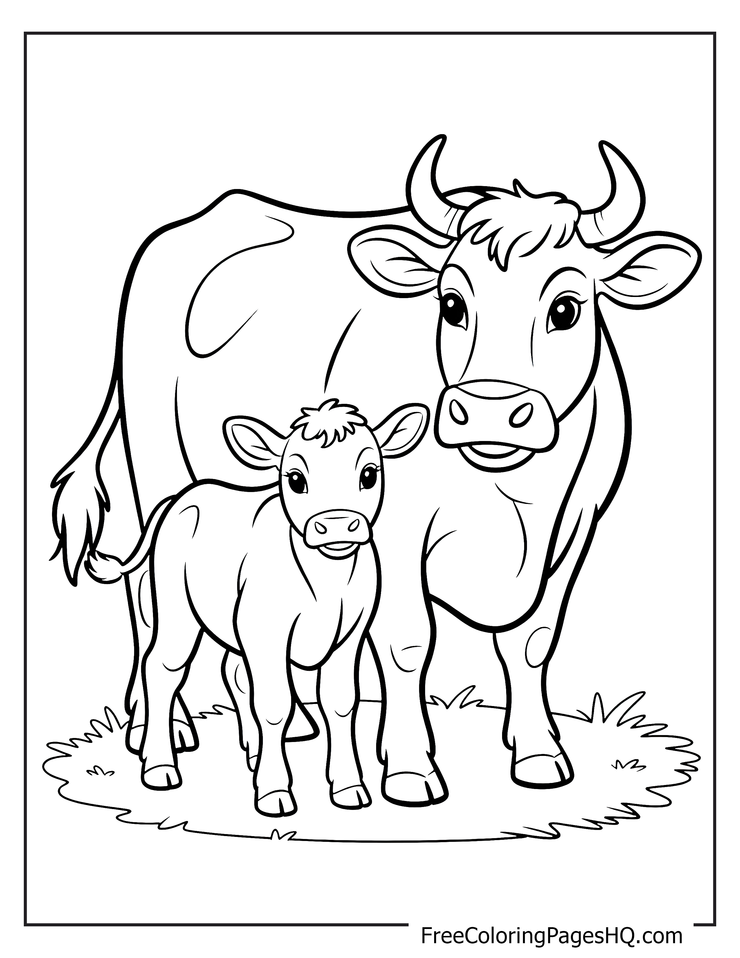 A mother cow with her calf standing on grass.