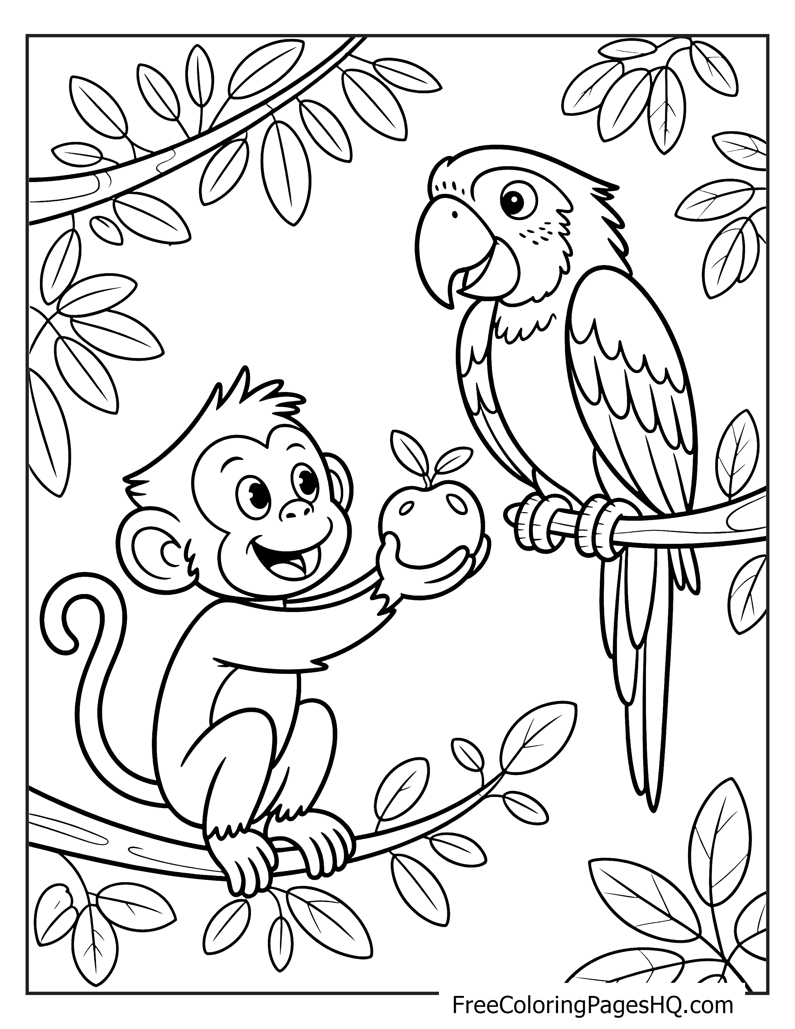 A monkey holding a fruit sits on a branch near a parrot.