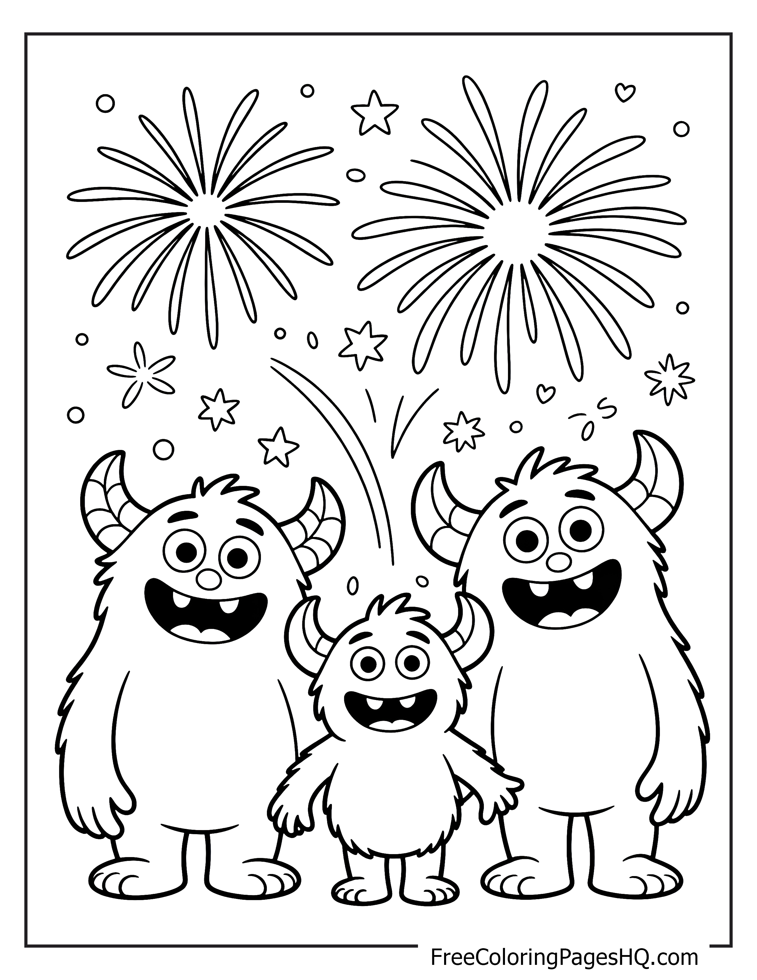 A family of three smiling monsters watches fireworks in the night sky.