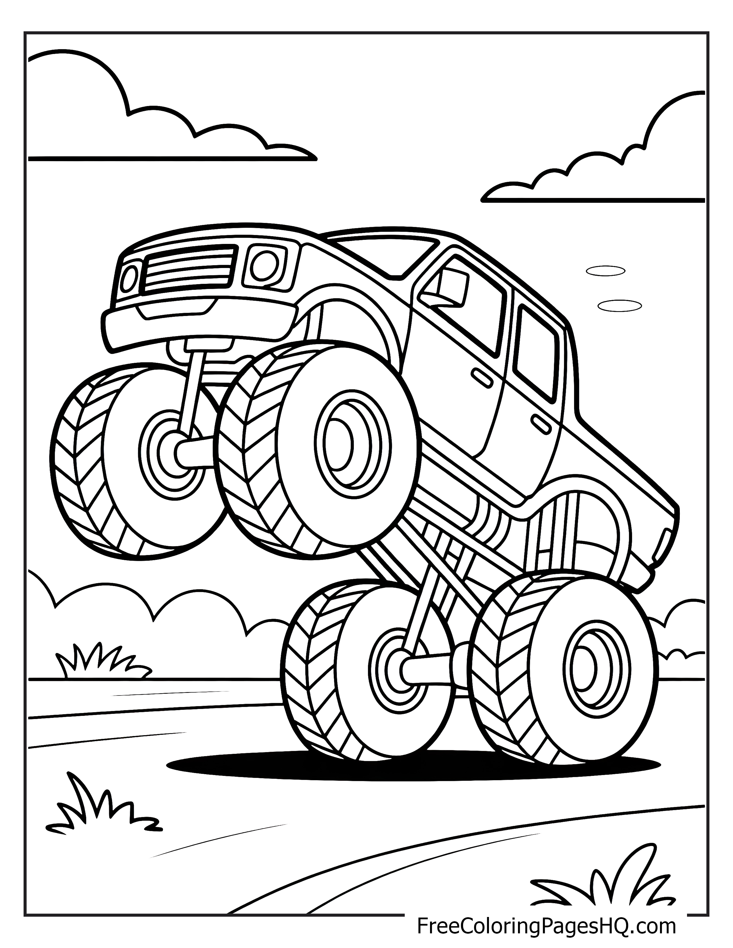 Monster truck with giant wheels and road background.