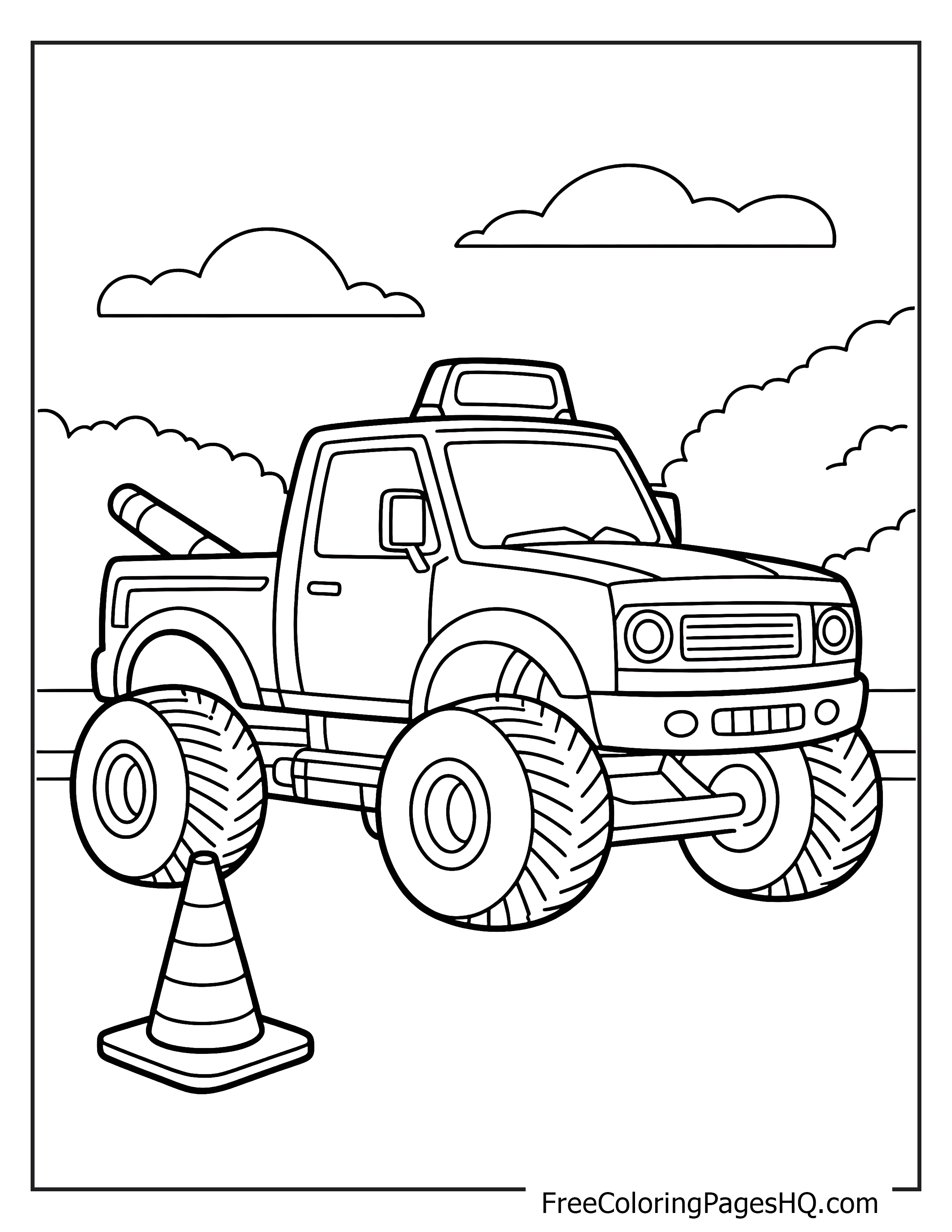 Monster truck with traffic cone and clouds in the background.