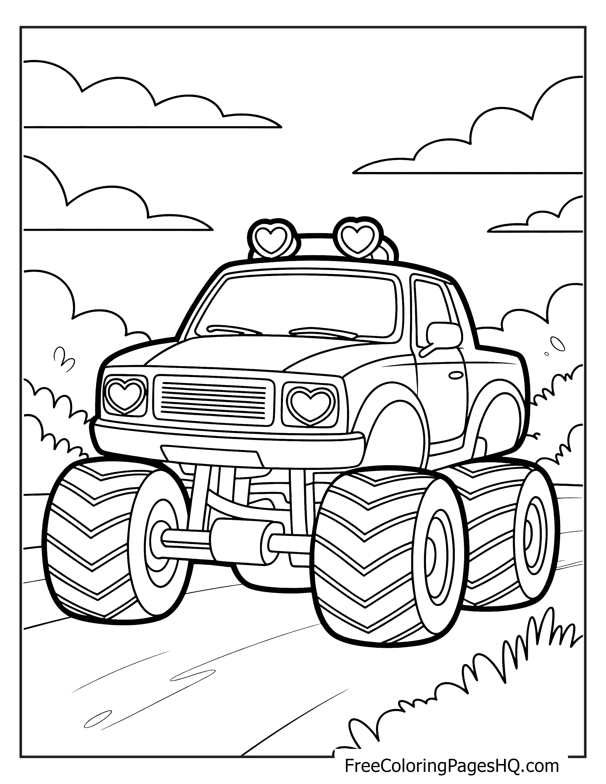 Monster truck driving down a road under billowing clouds.