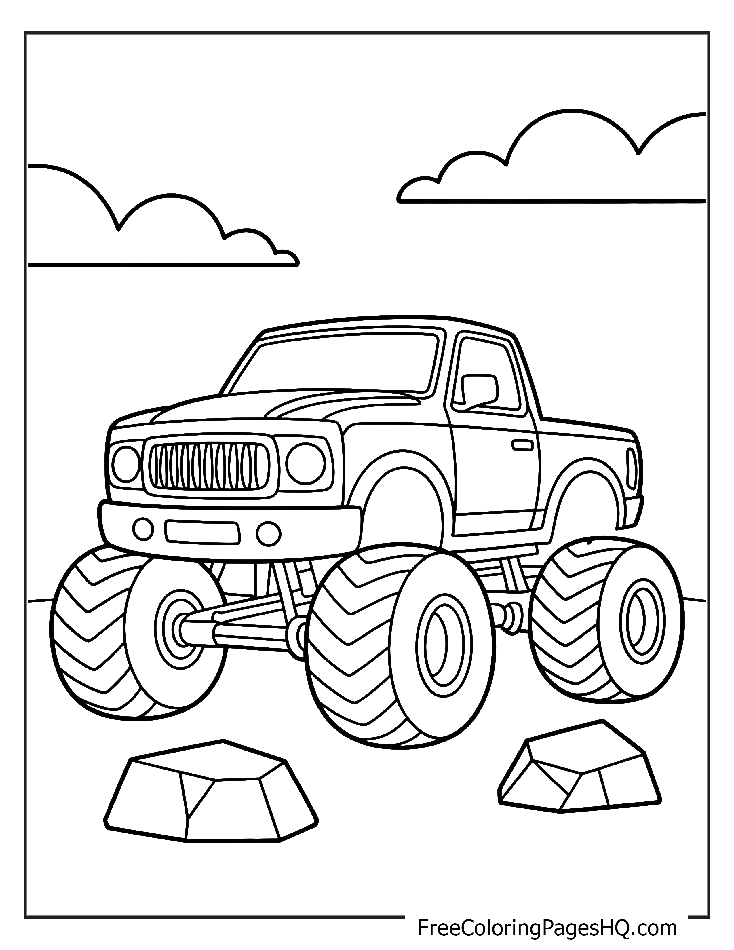 Monster truck with big wheels in a rocky scene.