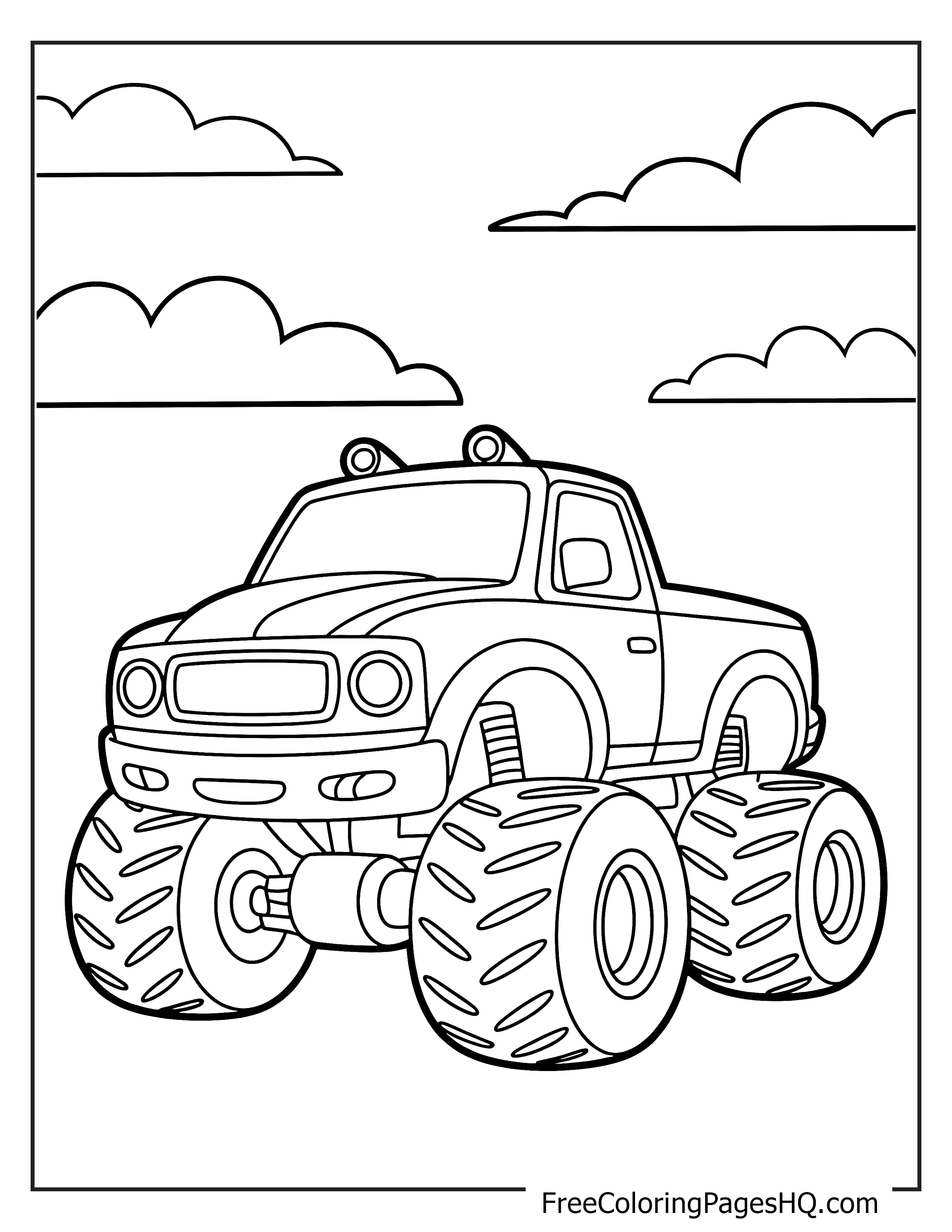 Monster truck with giant tires under a cloudy sky.