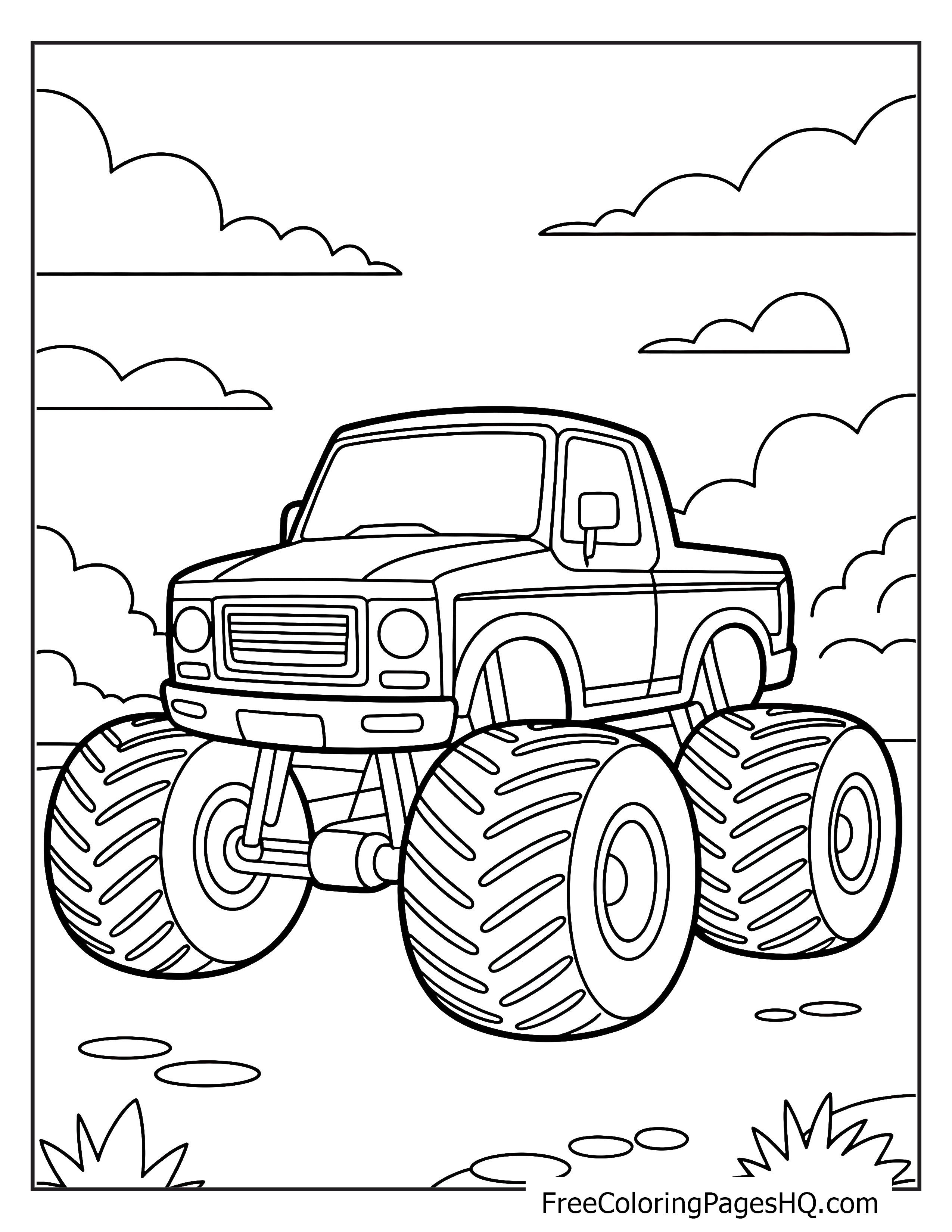 Monster truck with big wheels on a cloudy day.