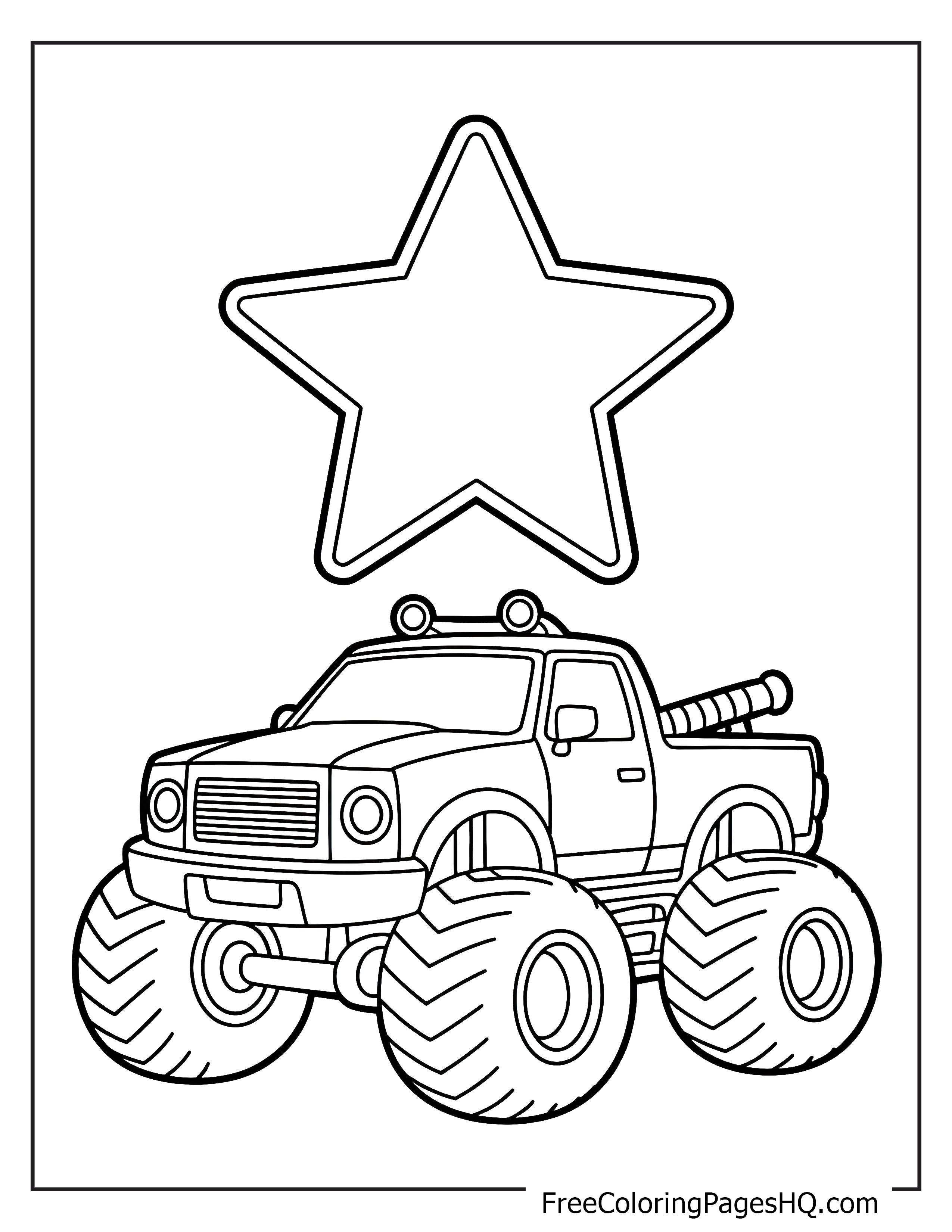 Monster truck with large star behind it.