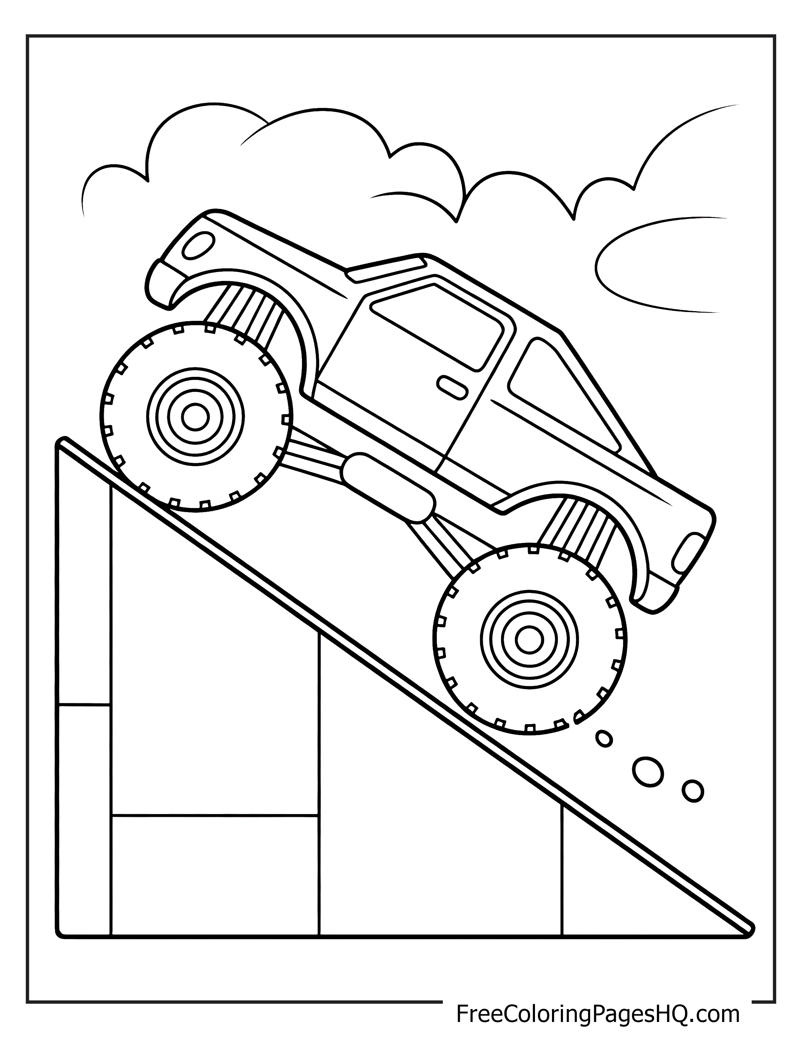 Monster truck tackling a ramp against clouds.