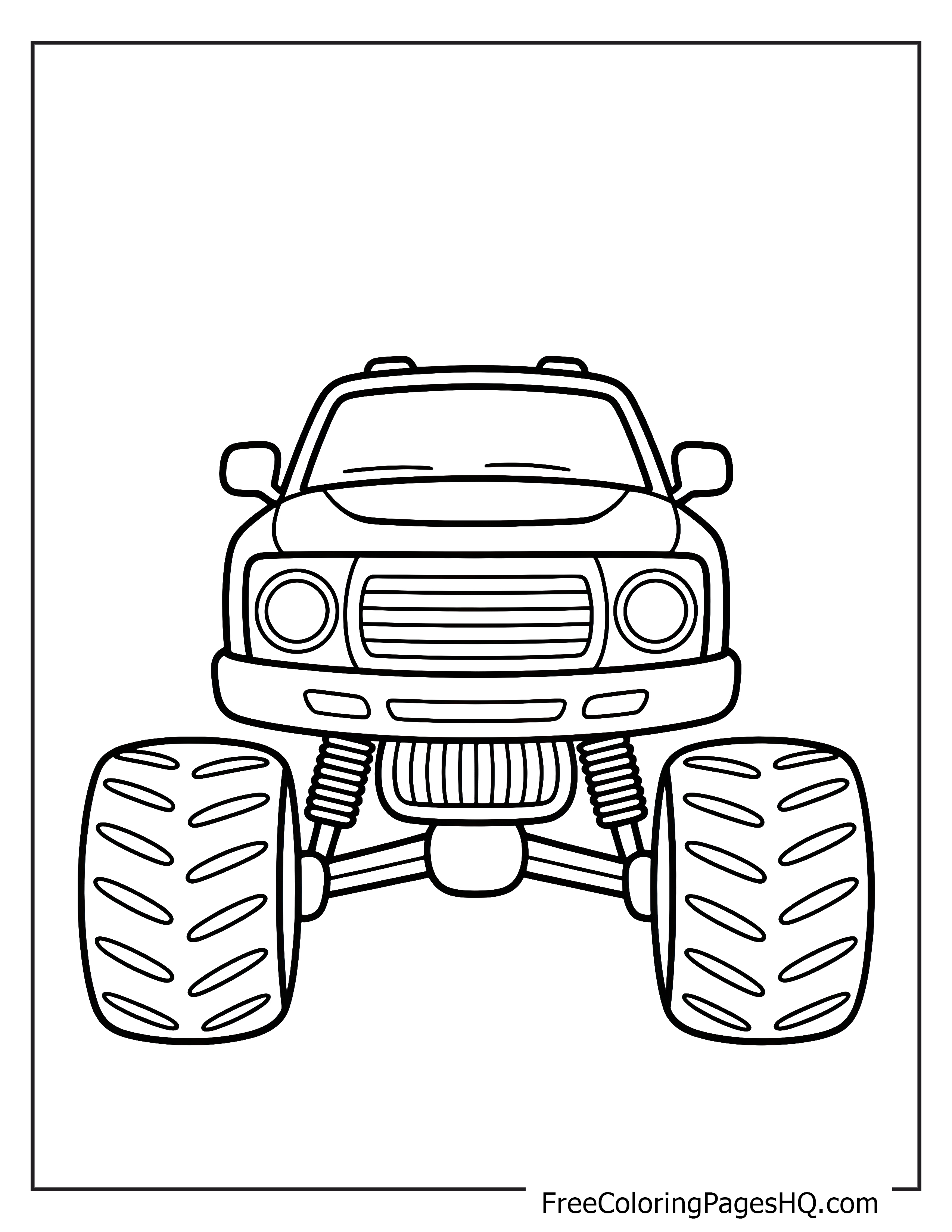 Front view of a monster truck with giant wheels.