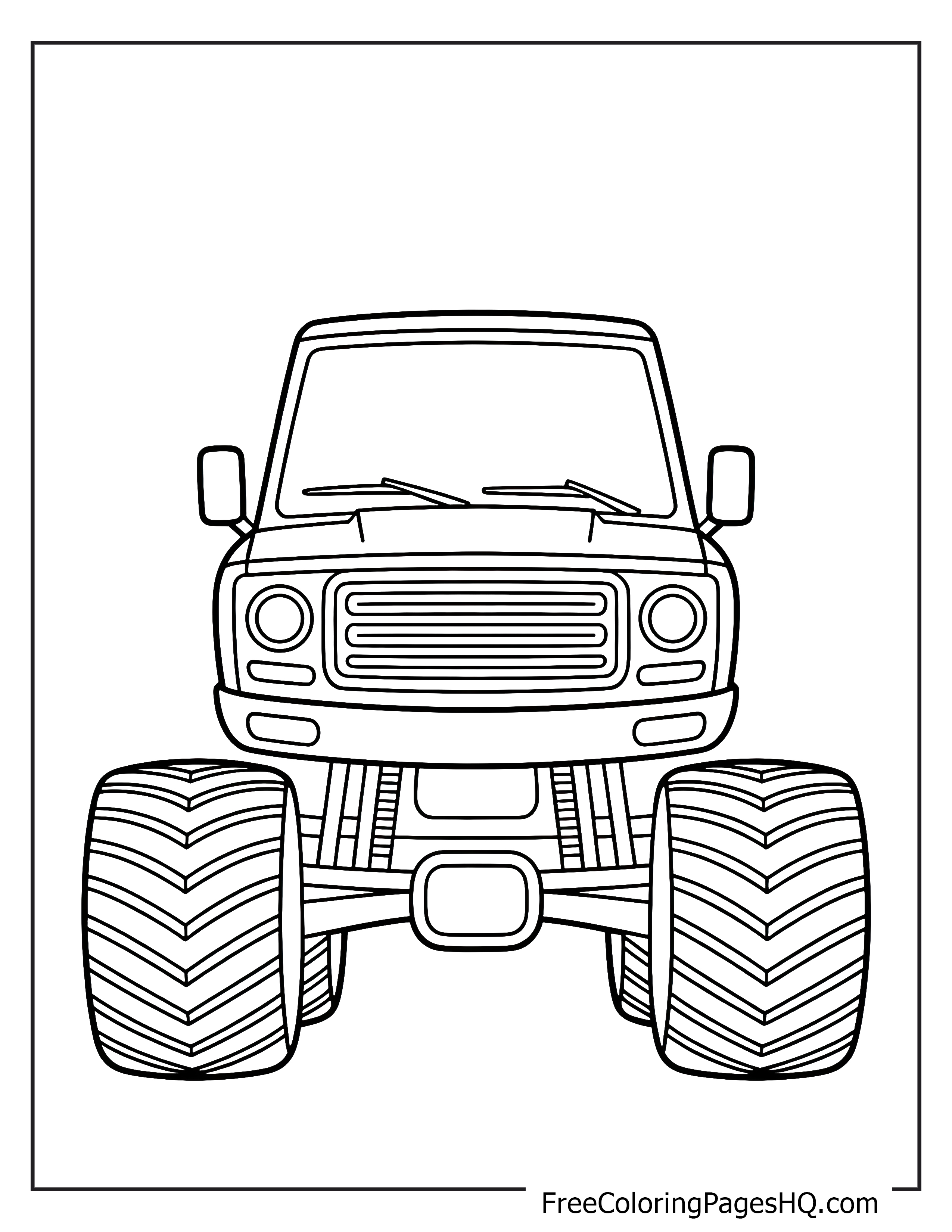 Front view of a monster truck with oversized wheels.