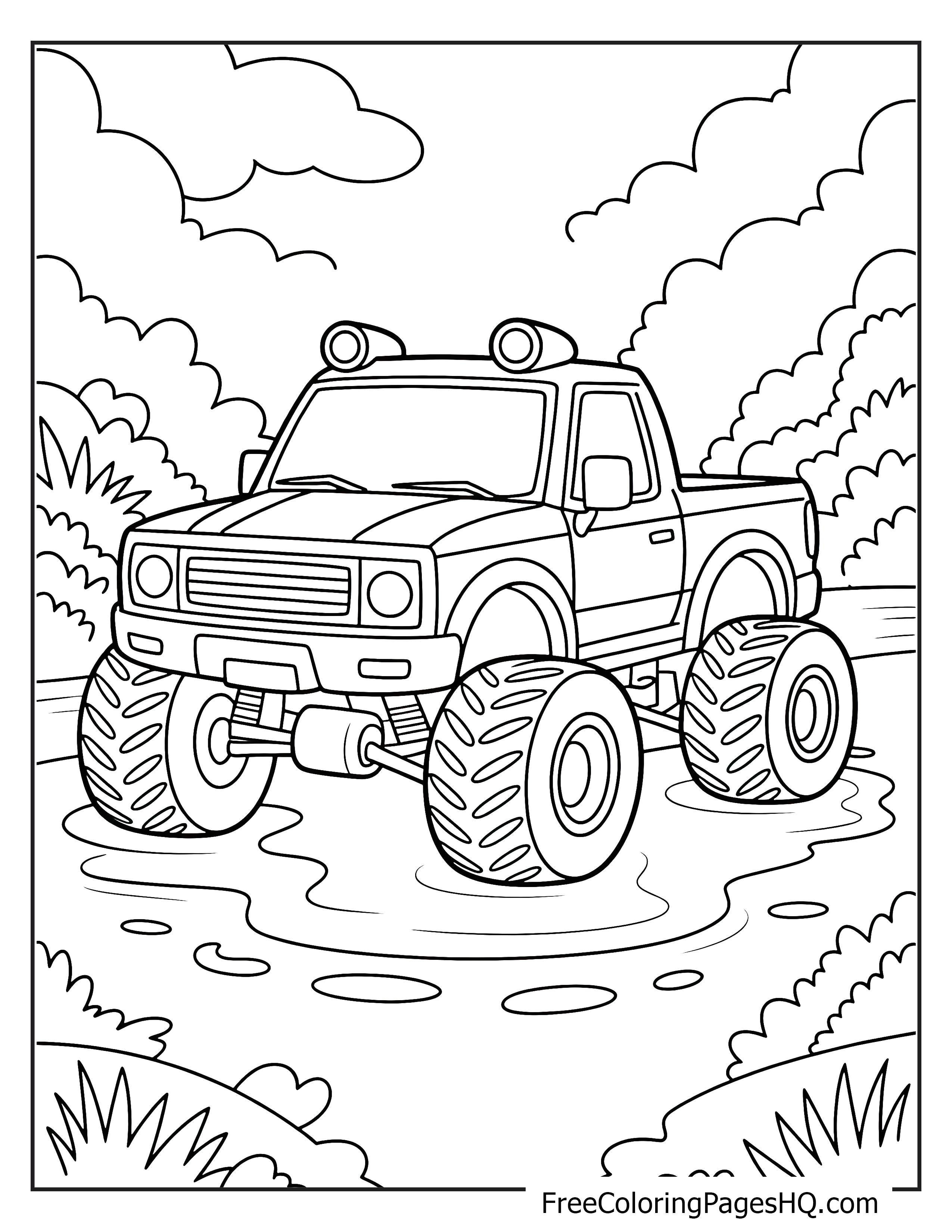 Monster truck driving on a muddy road illustration.