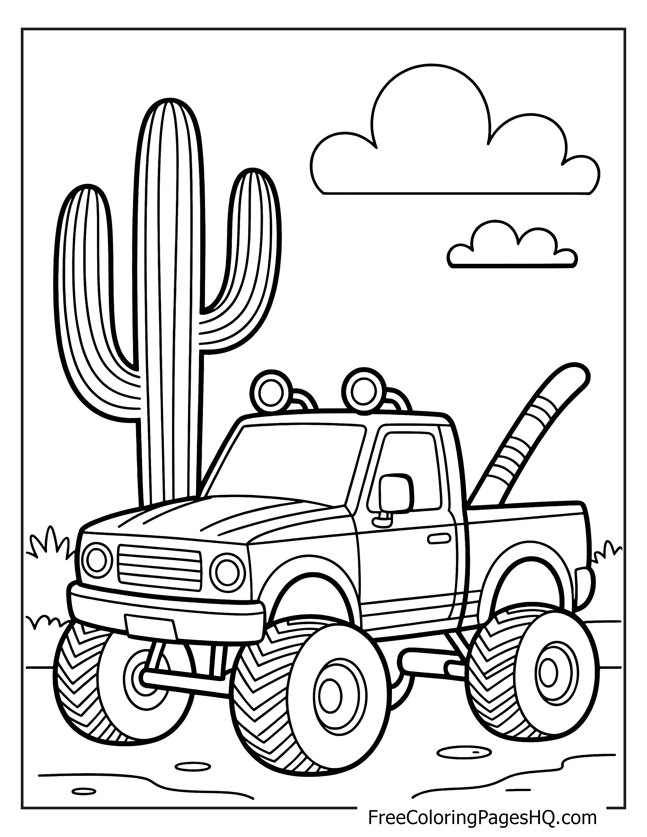 Monster truck and cactus in a desert setting.