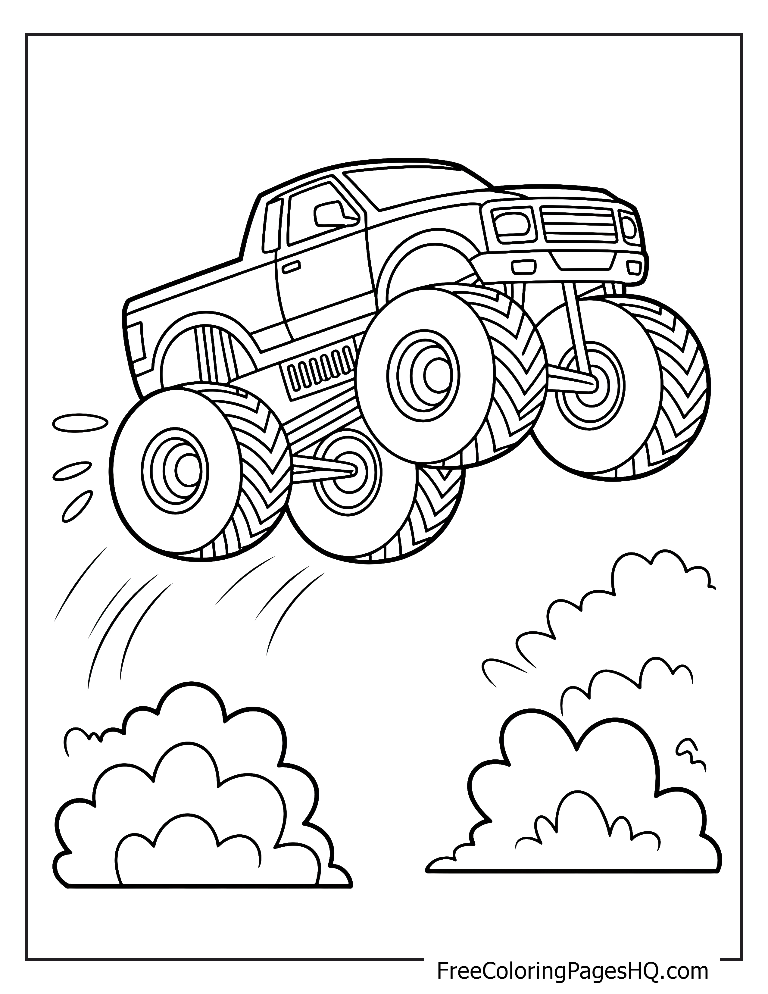 Monster truck leaping through the air in a cartoon style.