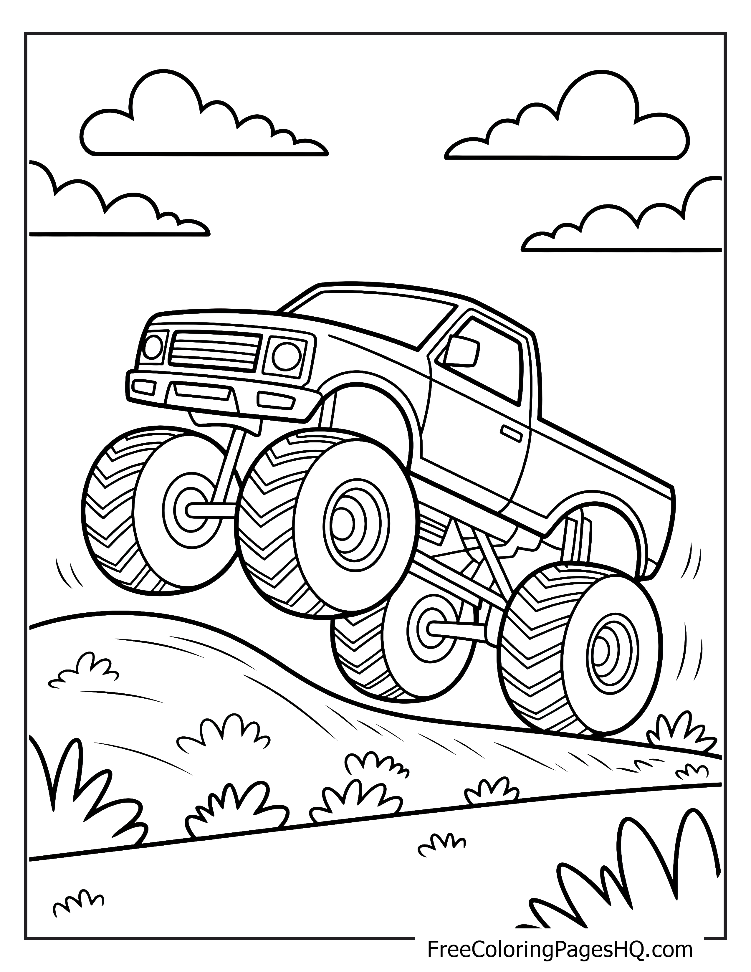 Monster truck illustration with hills and clouds.