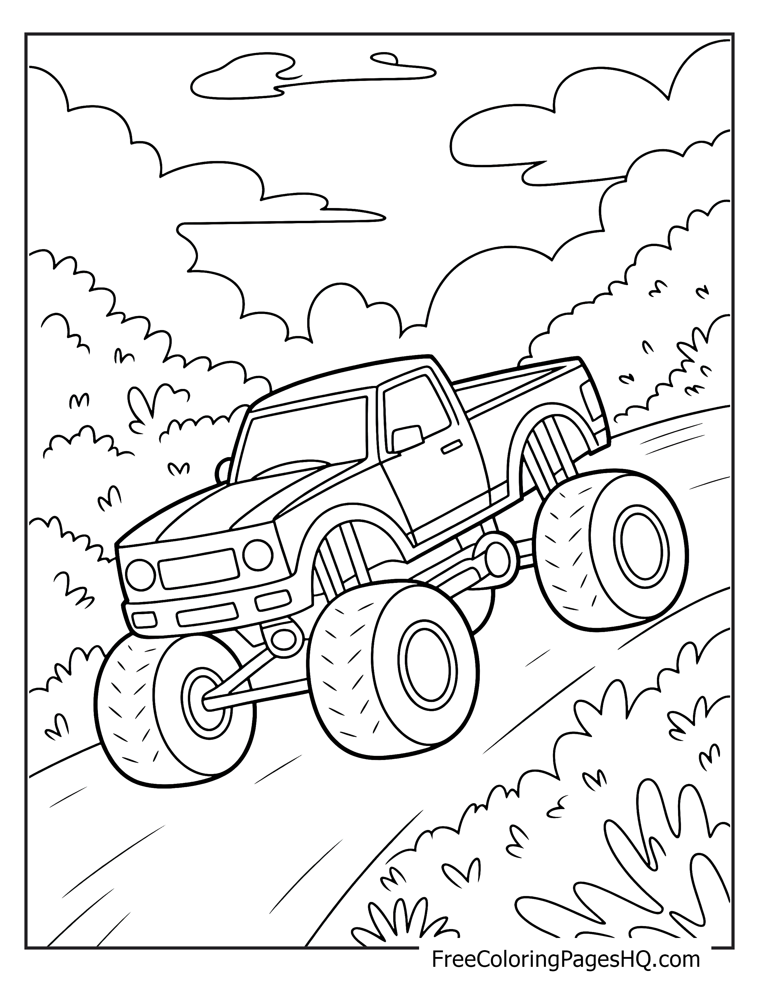 Monster truck driving on a rural road illustration.