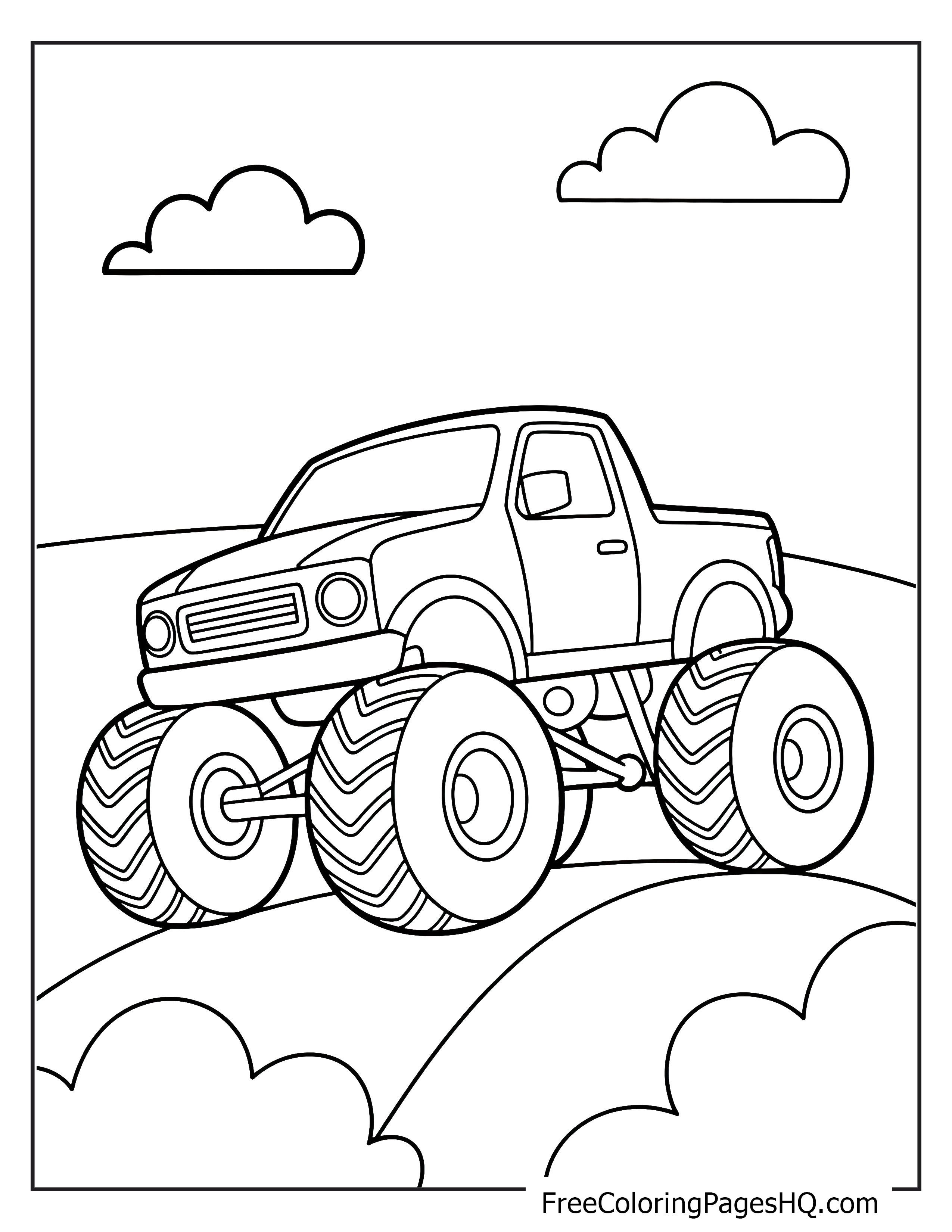 Monster truck climbing a hill with clouds in the sky.