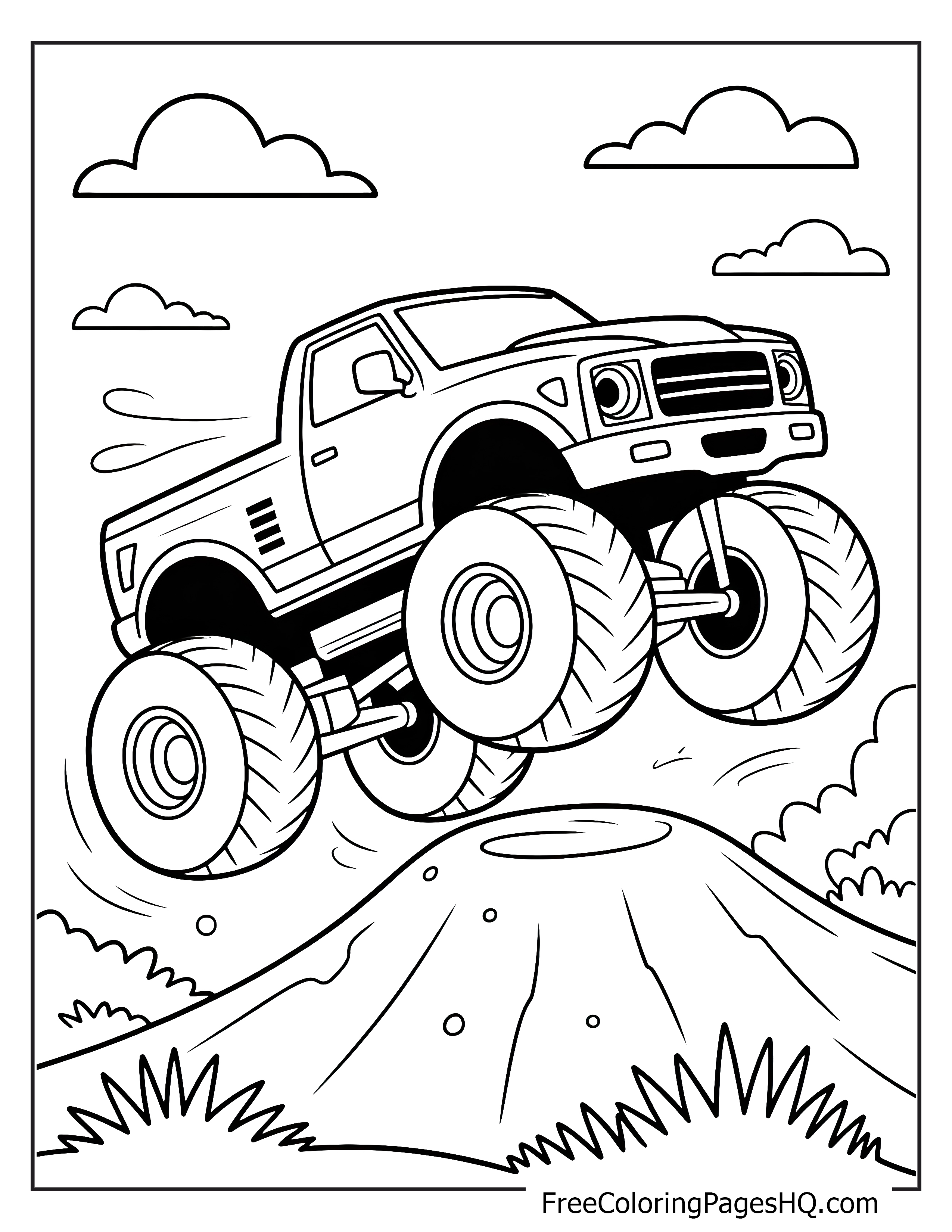 Monster truck jumping over a hill with clouds around.