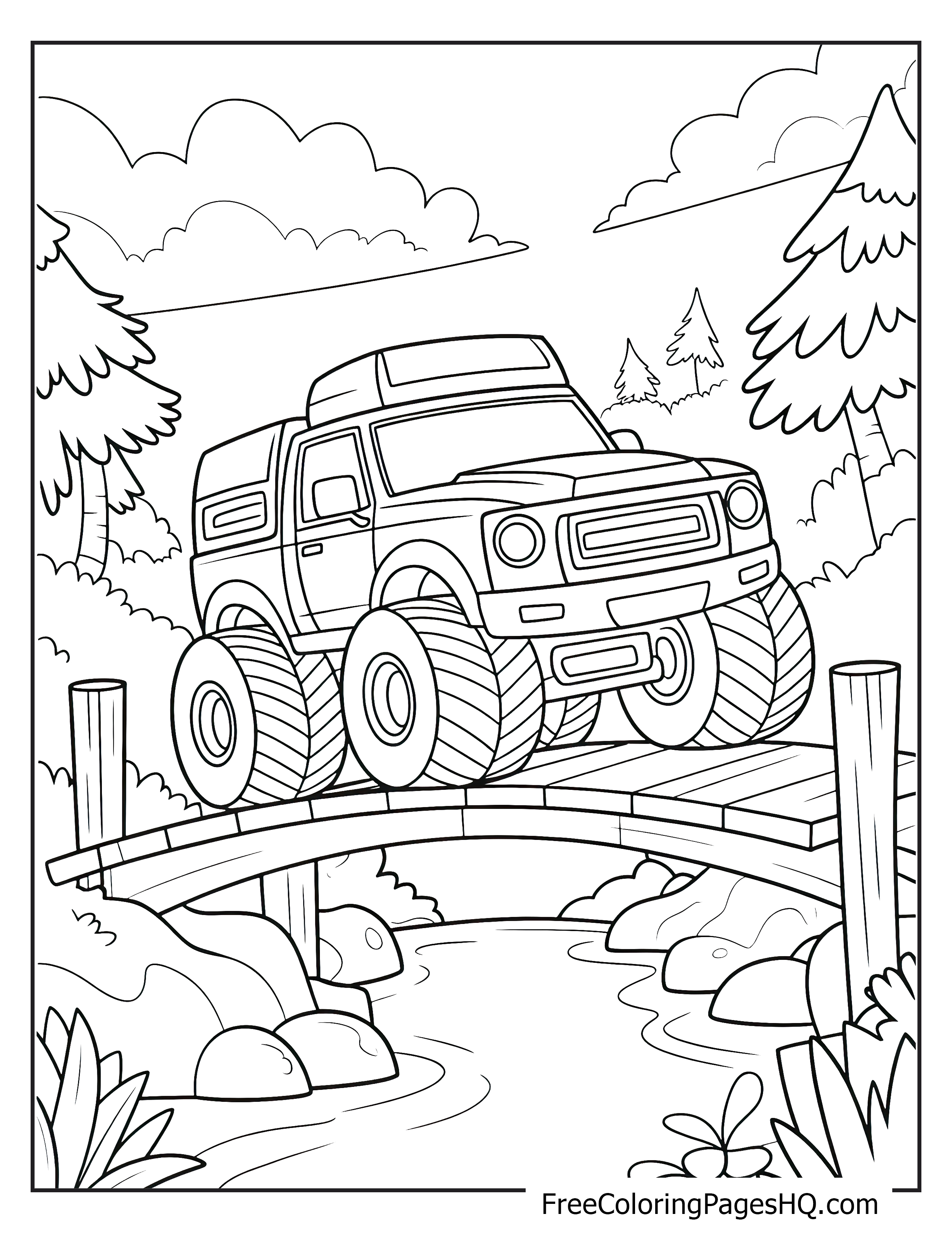 Monster truck driving on a bridge over a stream.