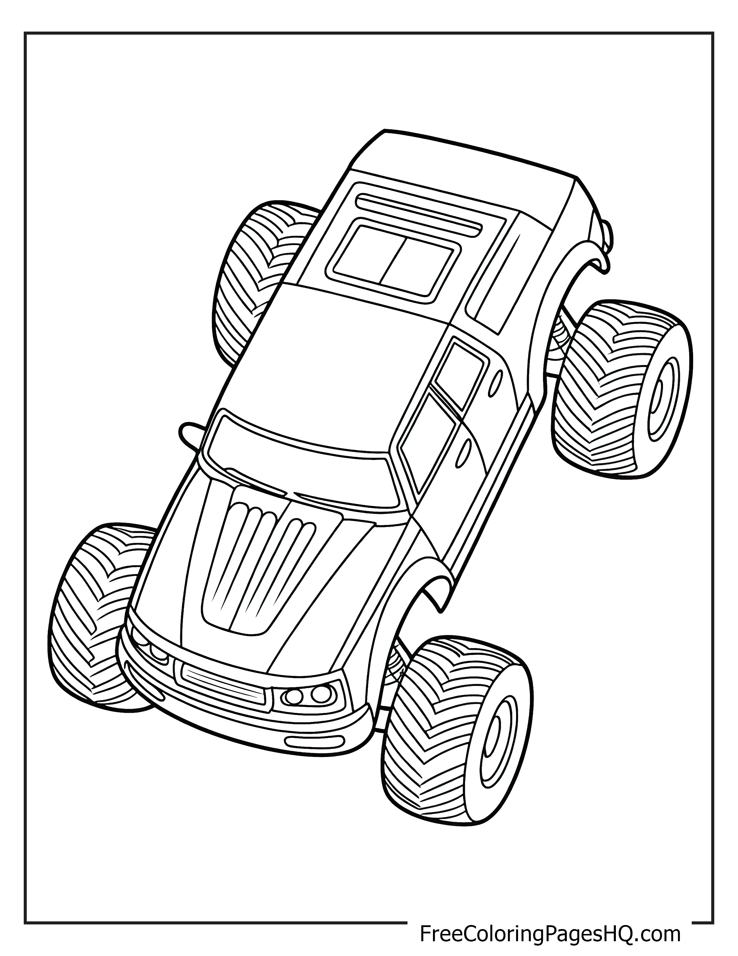 Monster truck illustration with big tires and bold design.